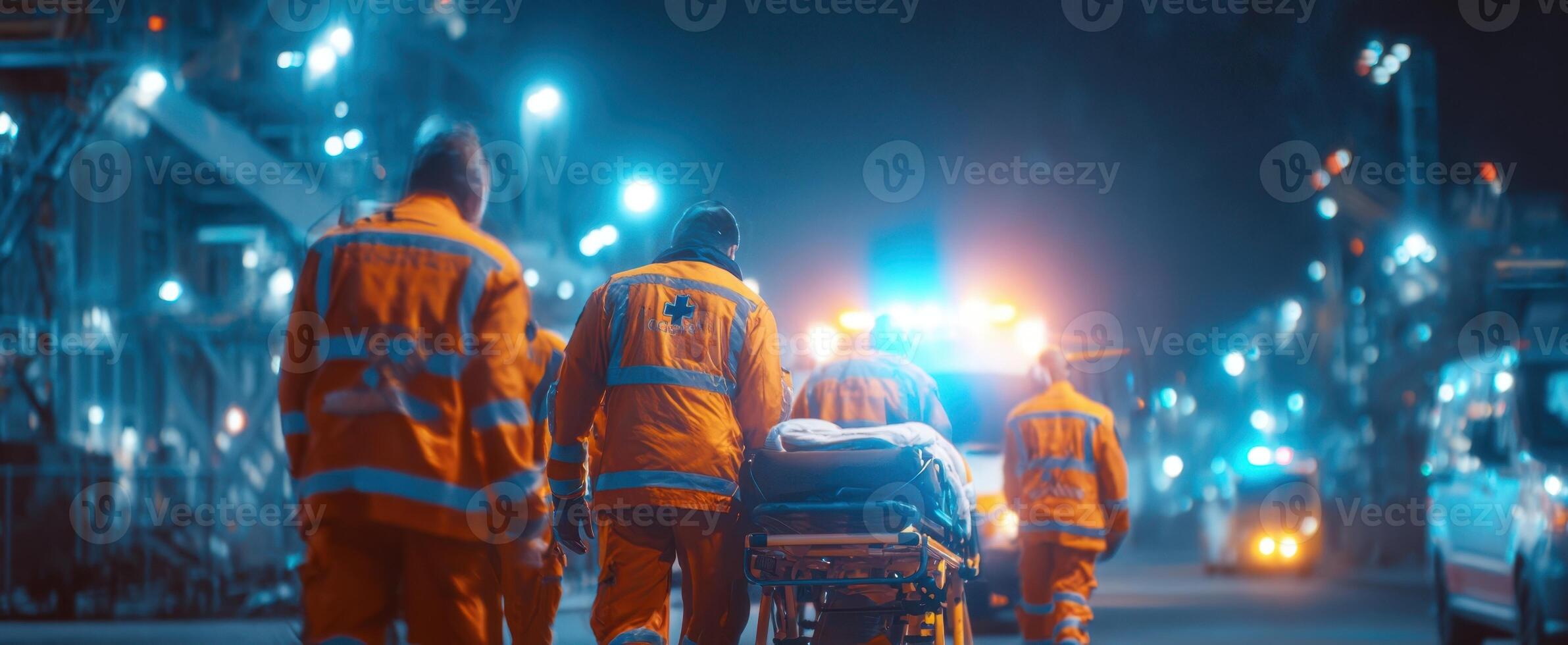 The paramedics transporting a patient under vibrant city lights at night. photo