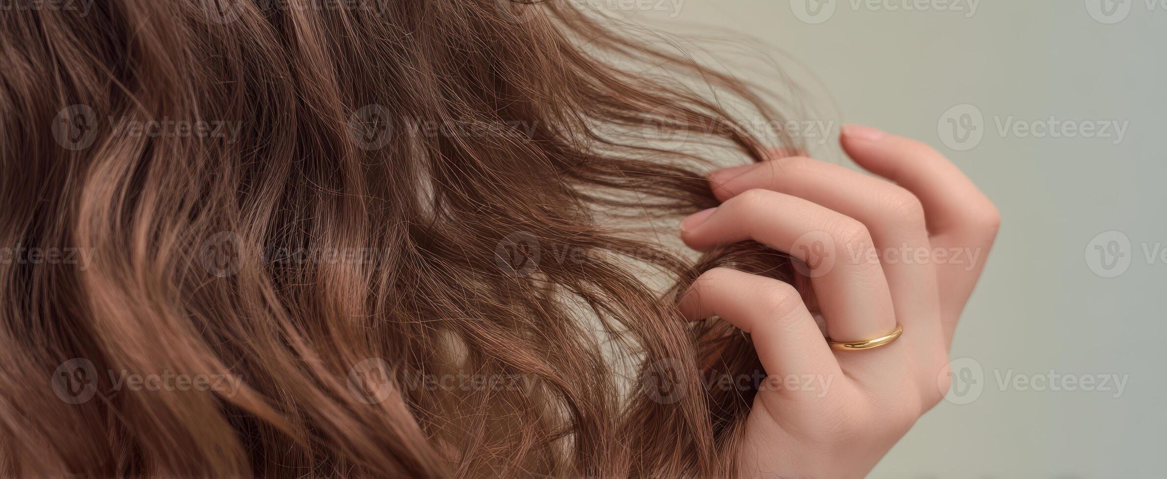 The graceful hand gently caressing beautiful curly hair in soft light. photo