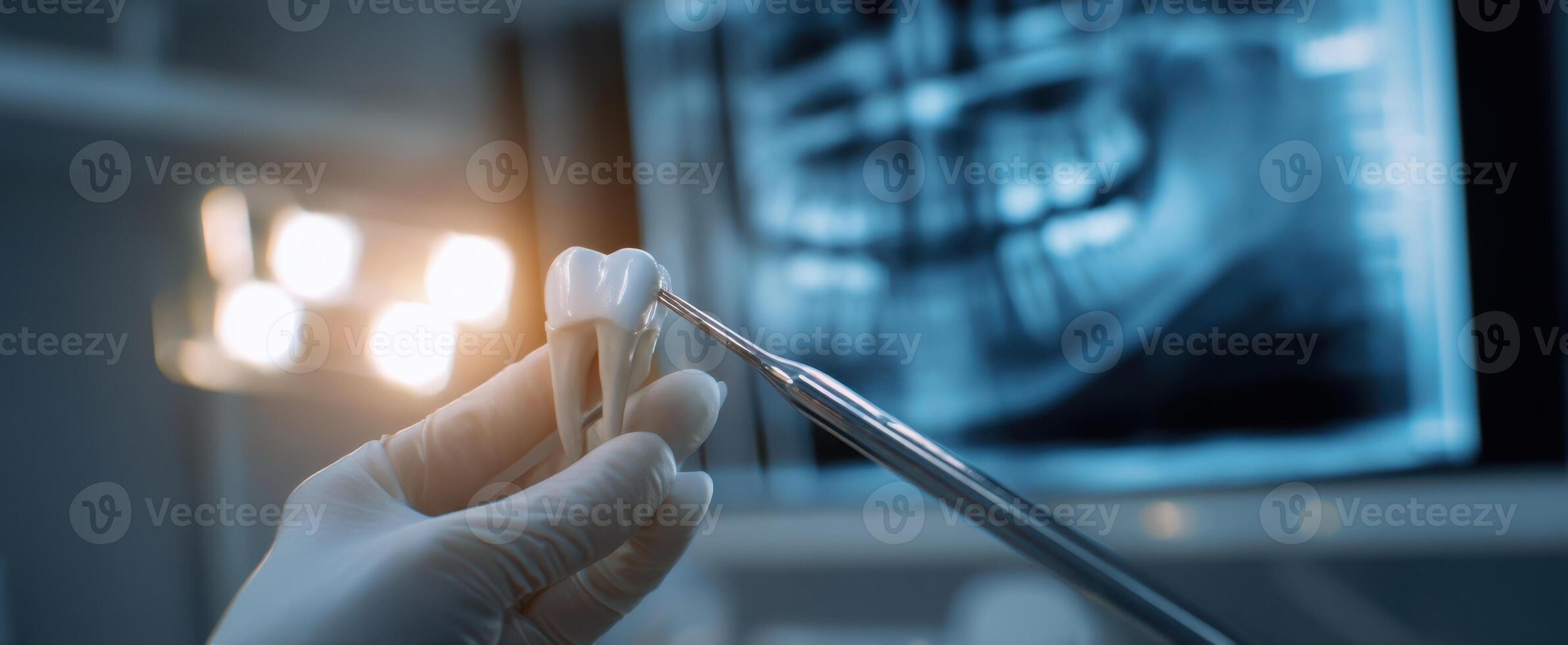 The dentist examines a tooth with precision using advanced dental instruments. photo