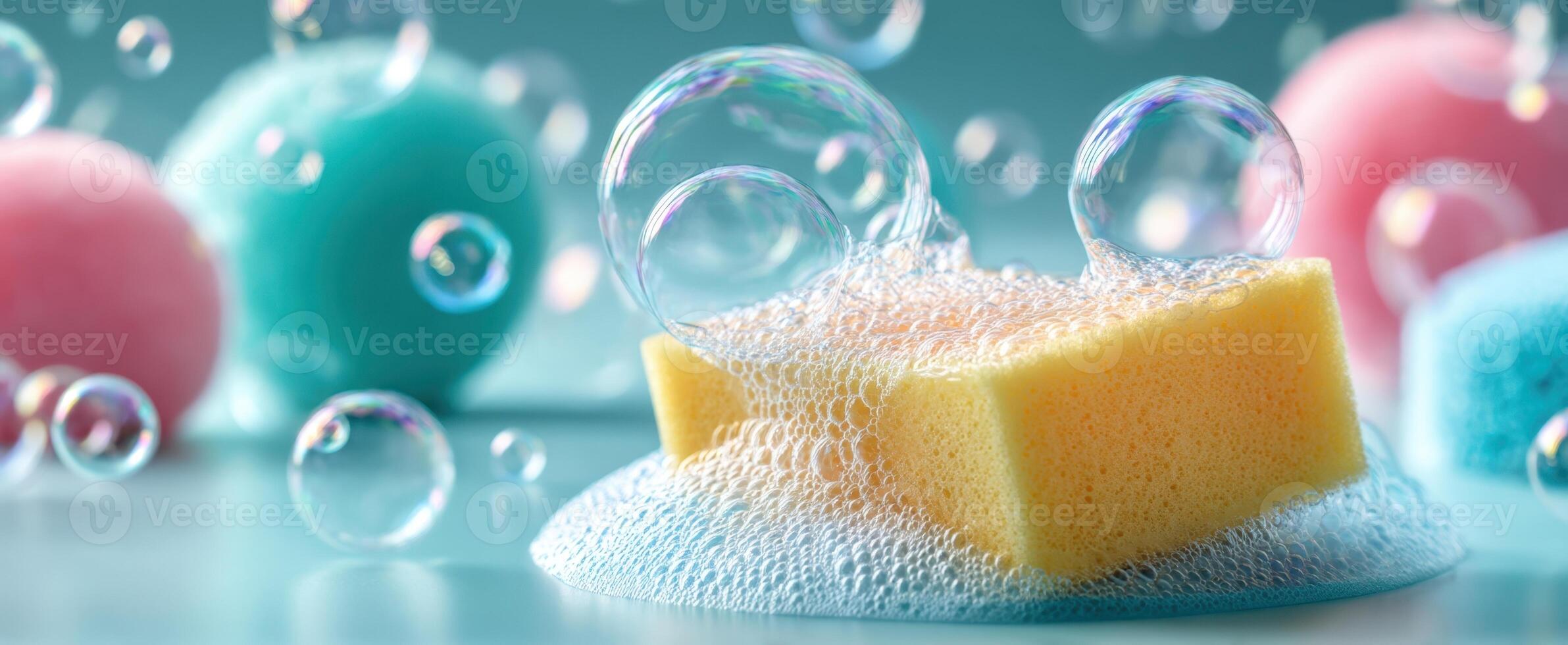 The colorful sponge resting in bubbles with playful reflections and soft-focus background. photo
