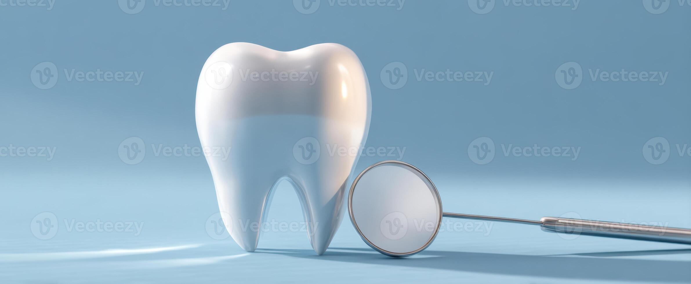 The dental tooth alongside a reflective mirror tool in a clinical setting. photo