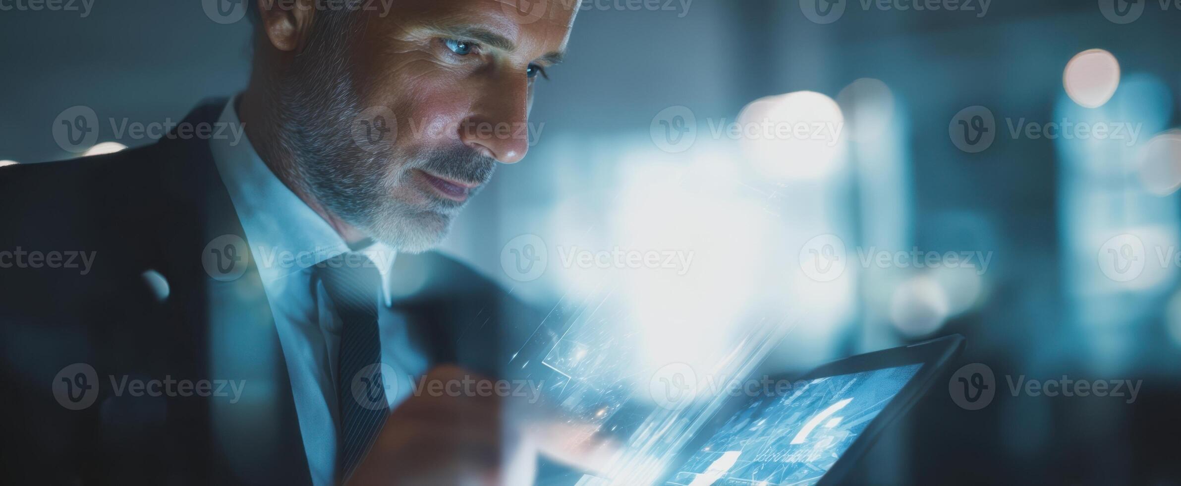 The businessman analyzing data on a digital tablet in a modern office environment. photo