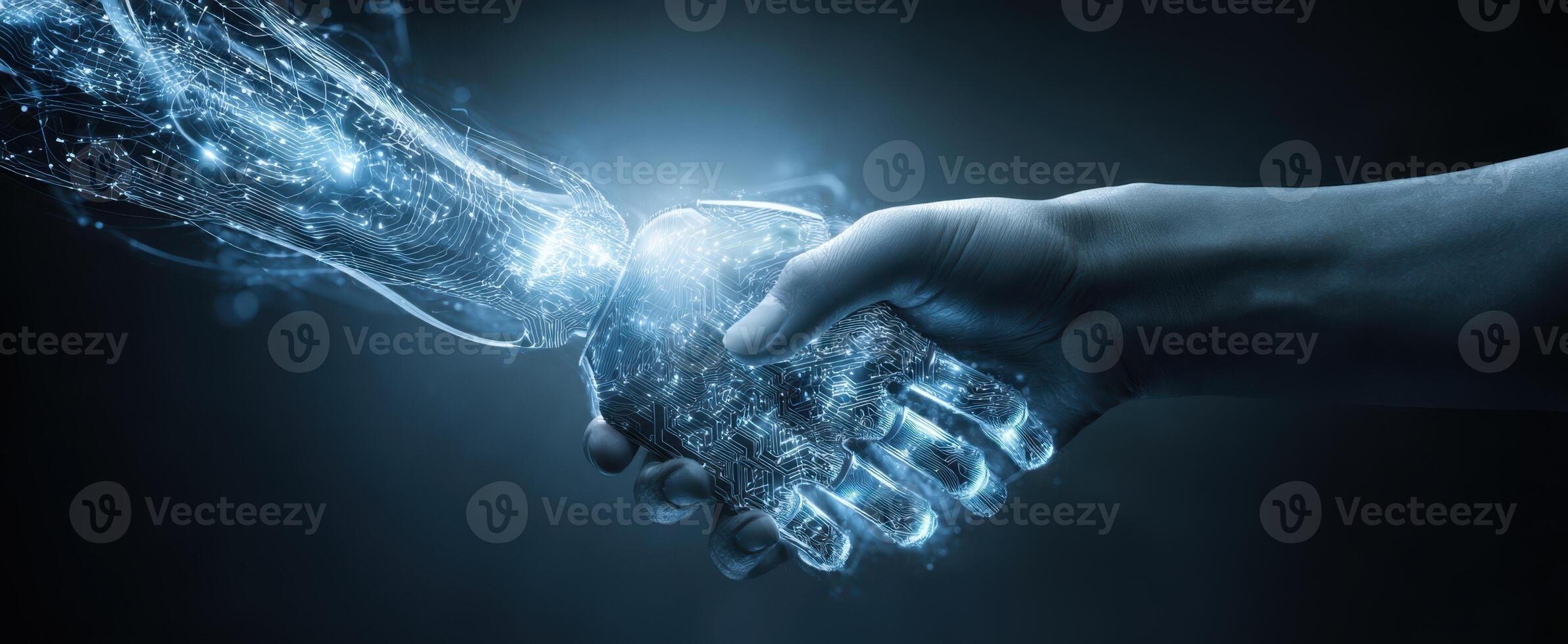 The human and robotic hands connecting in a futuristic digital embrace. photo