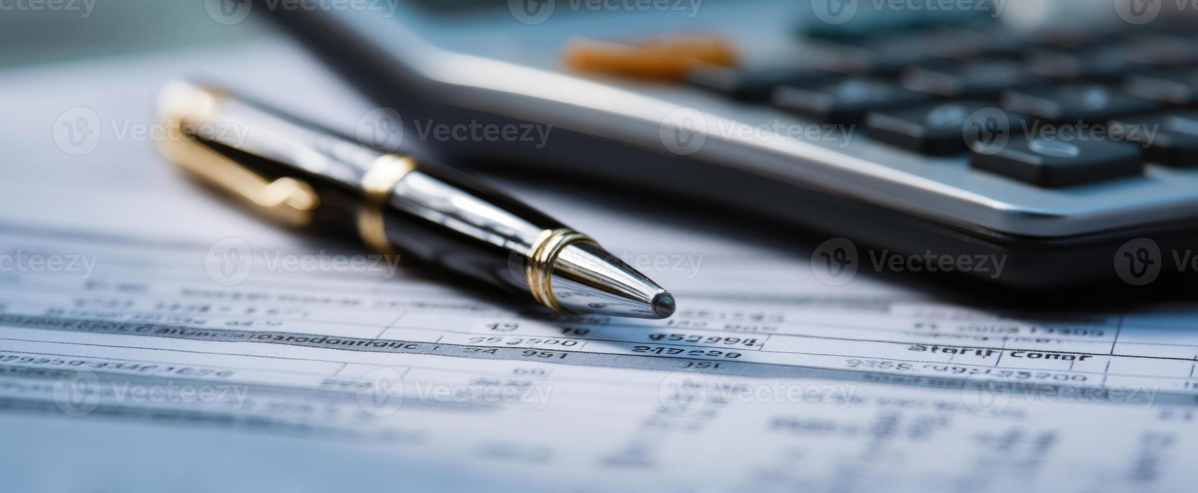 The pen resting on financial documents and a calculator on a desk. photo