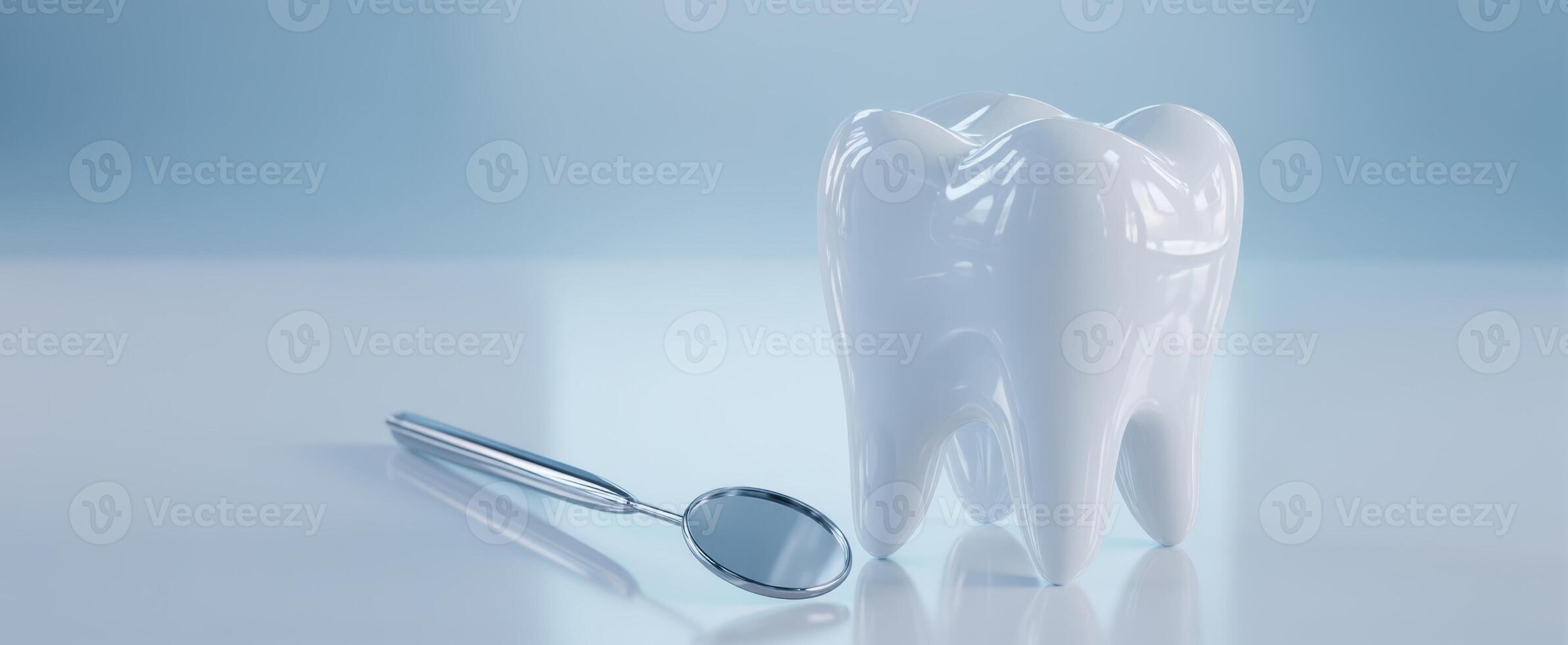 The large white tooth and dental mirror on a minimalist background. photo