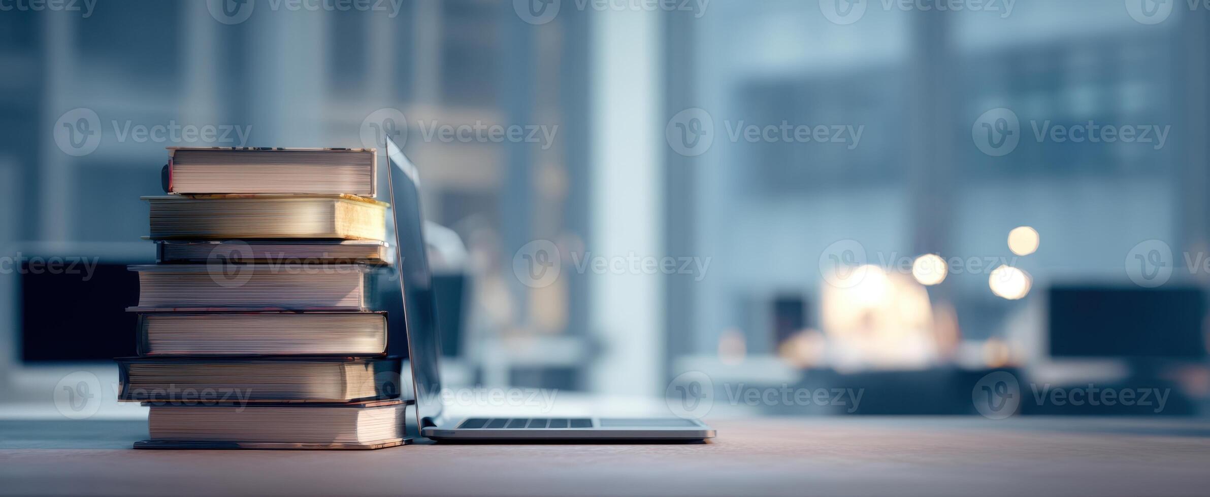 The stack of books beside a laptop in a serene modern workspace. photo