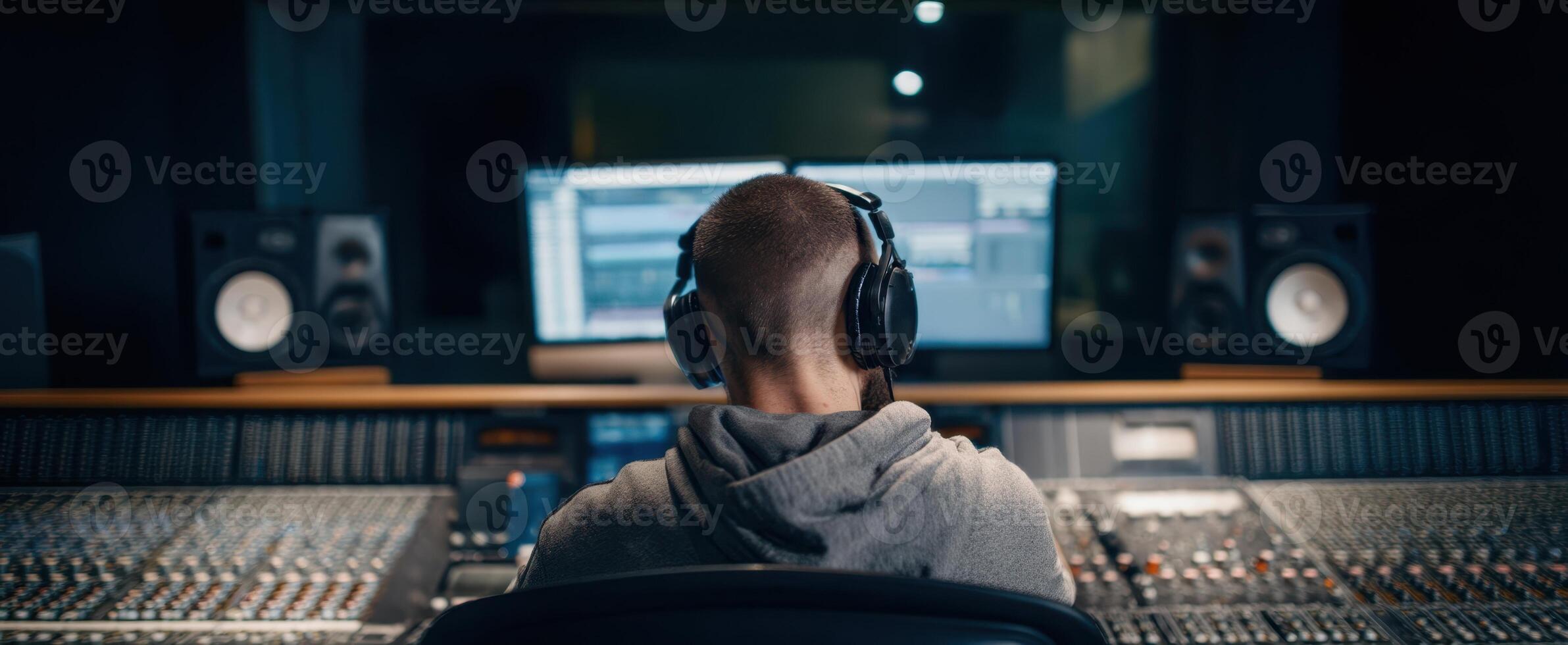 The audio engineer working diligently in a modern recording studio environment. photo