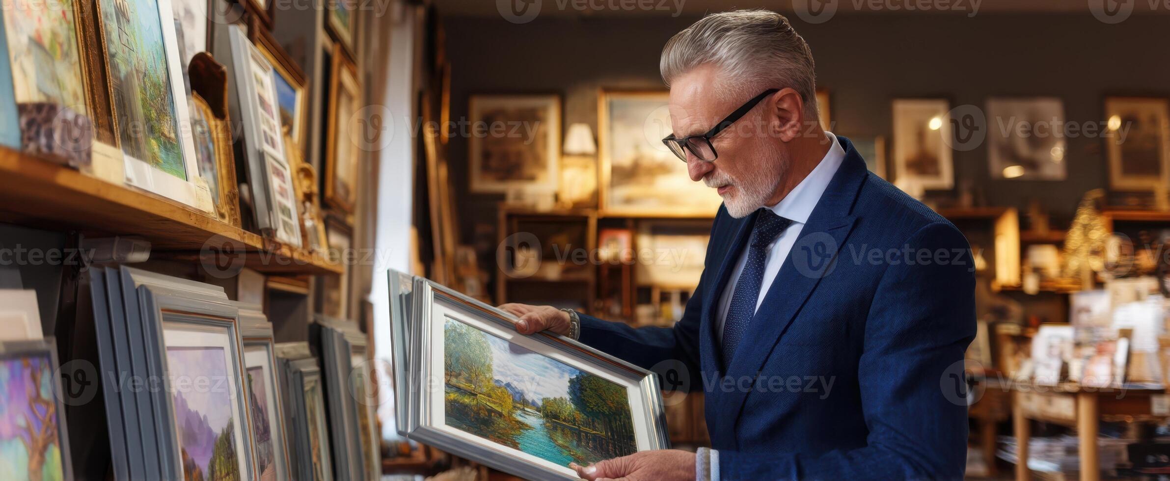 The man examining a beautiful painting in a sophisticated art gallery. photo