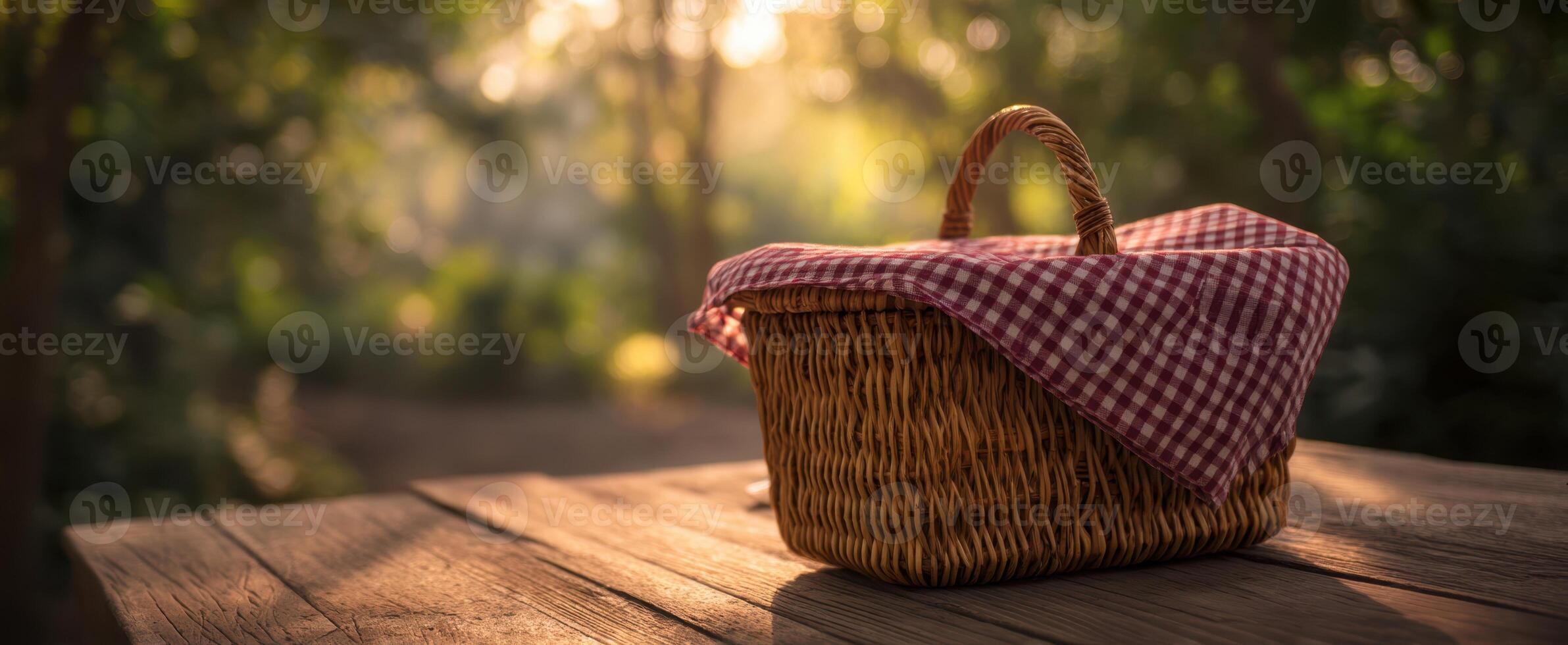 The charming wicker basket resting on a wooden table in a sunlit forest photo