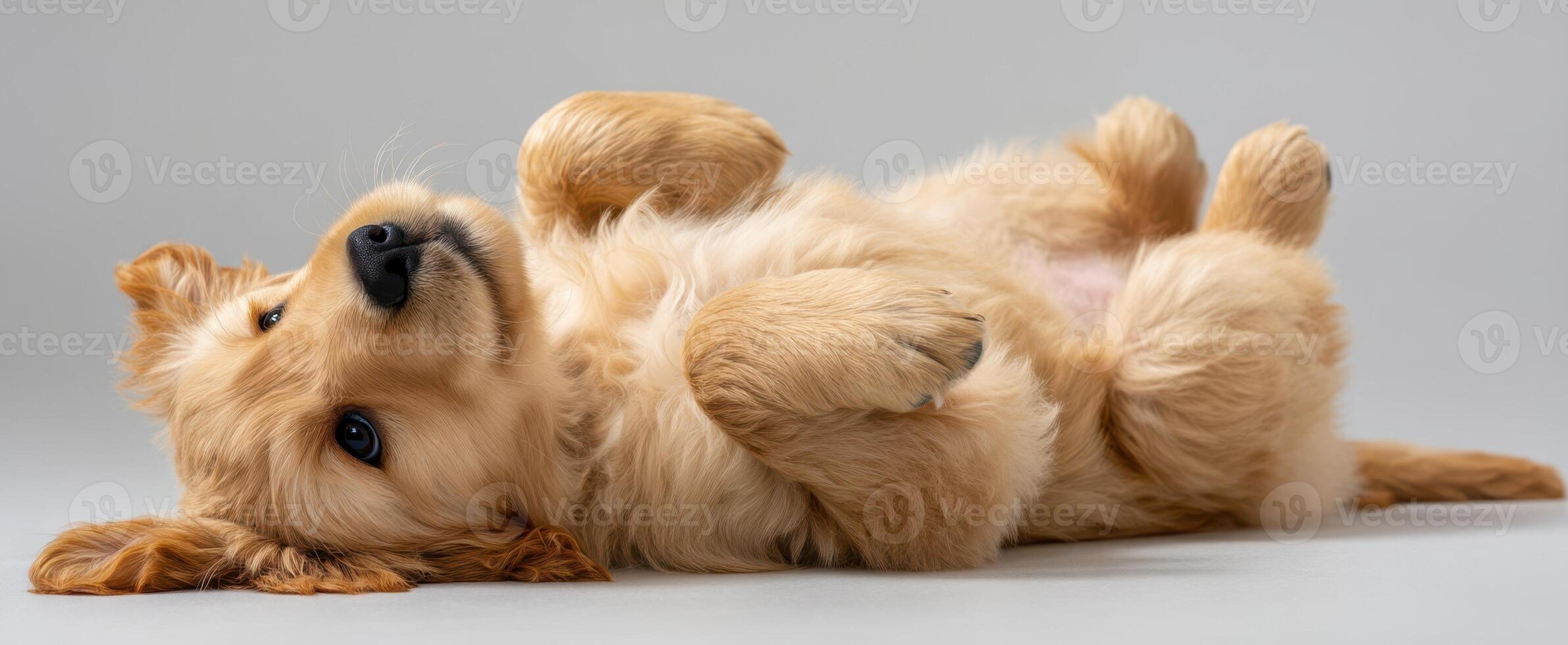 The adorable golden retriever puppy laying on its back in playful pose. photo