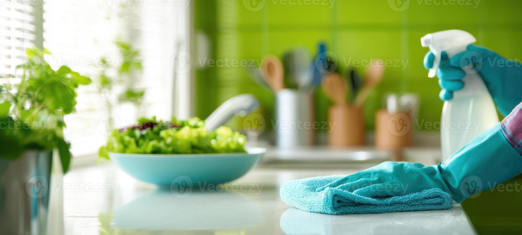 The vibrant kitchen scene featuring a cleaning routine with fresh ingredients. photo