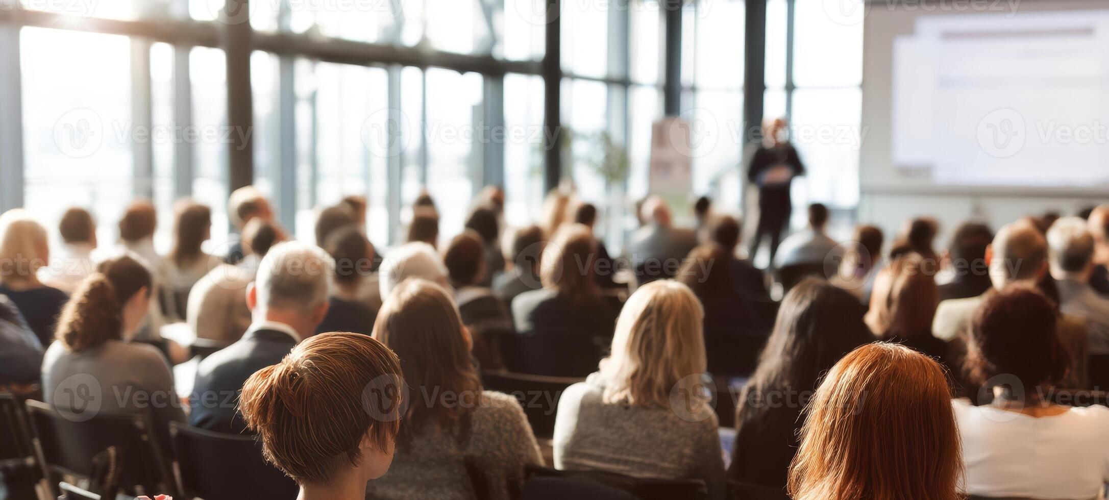 The audience engaged in a professional business presentation within a modern conference setting. photo