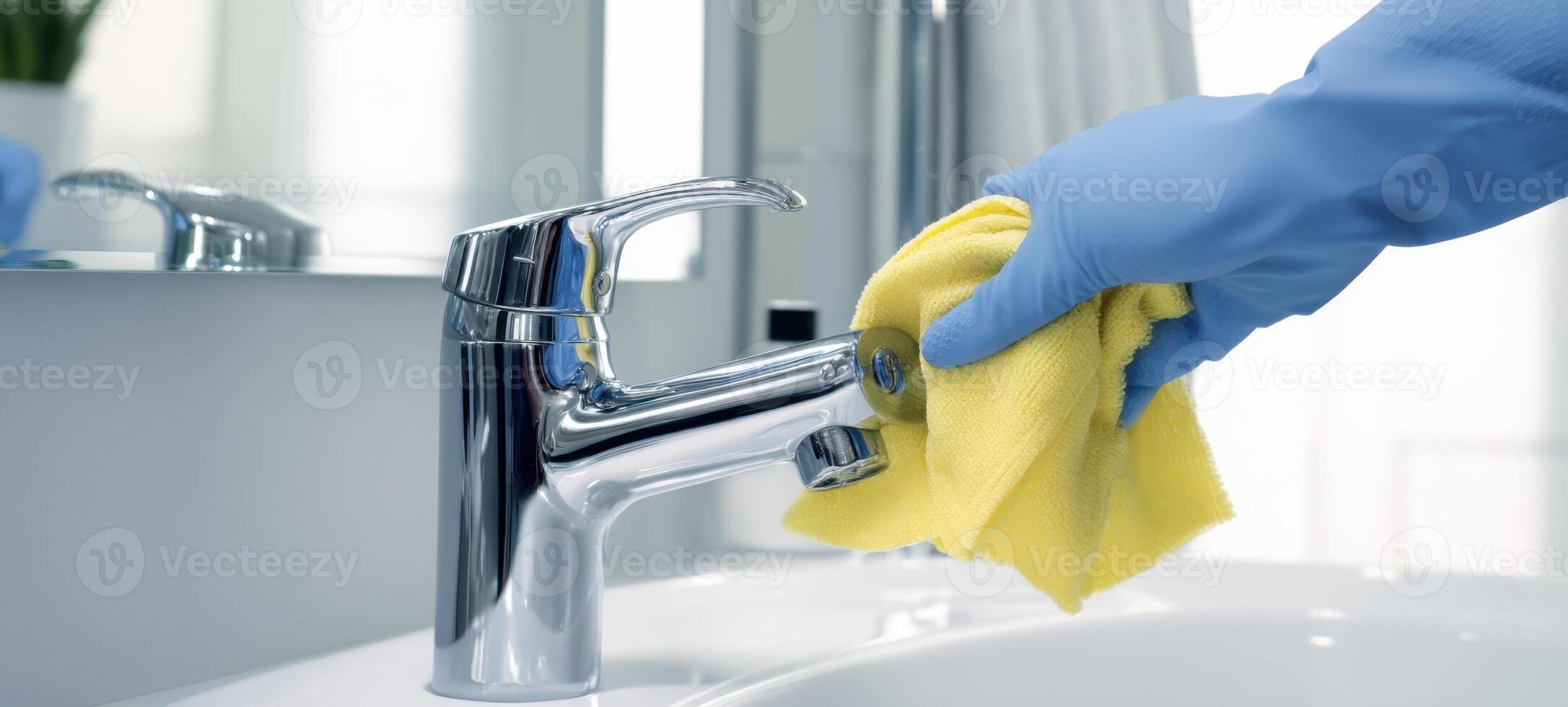 The sparkling faucet being cleaned with a yellow cloth in a bright bathroom. photo