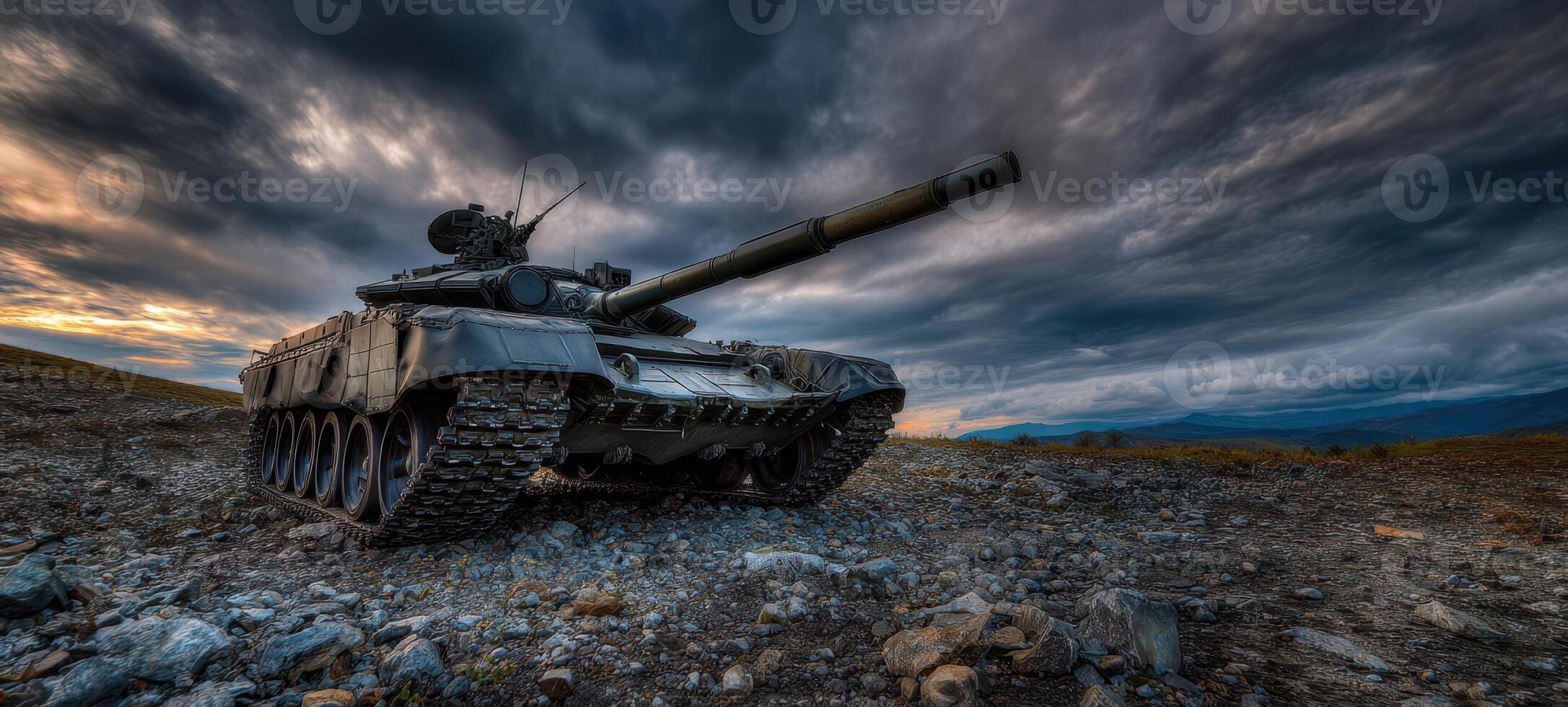 The impressive military tank resting on rugged terrain under a dramatic sky. photo