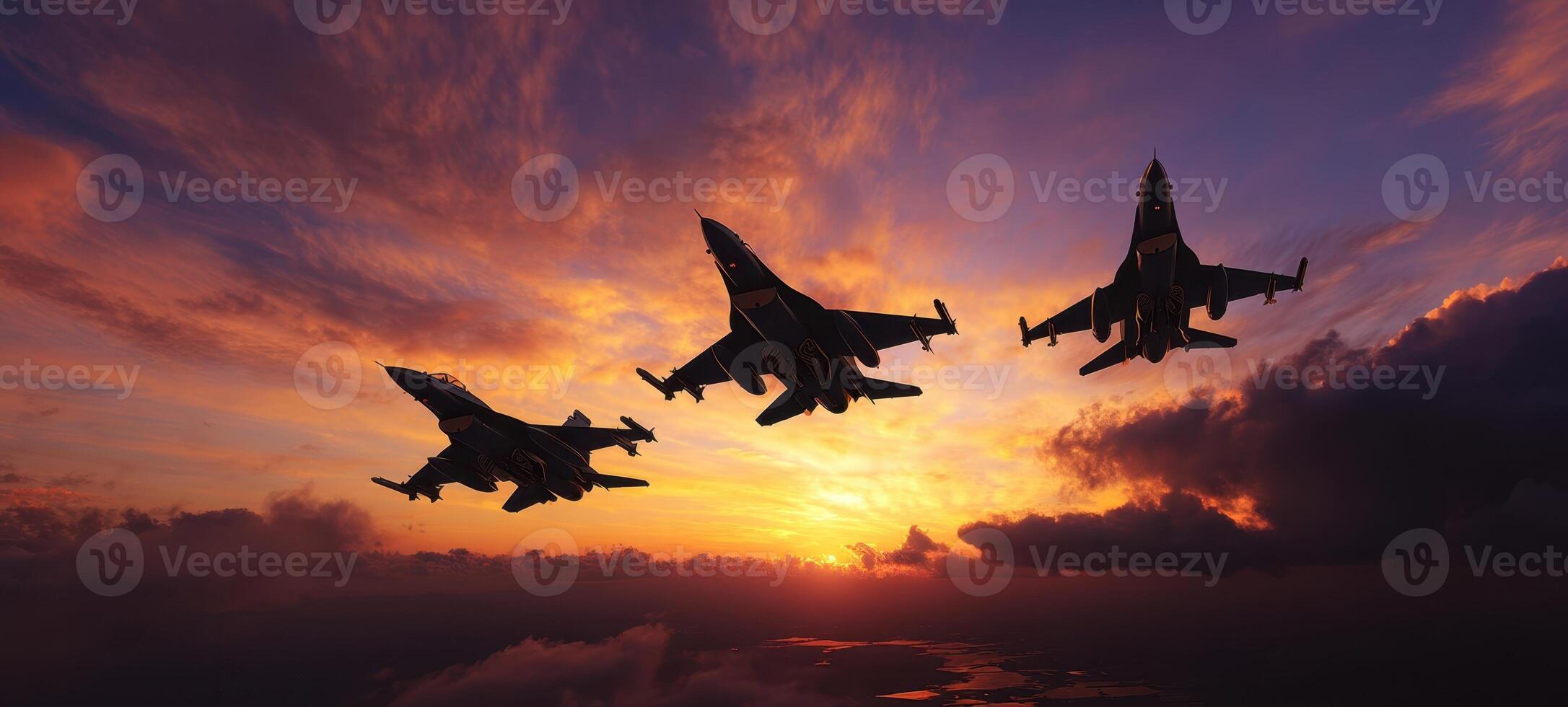 The powerful display of fighter jets soaring through a breathtaking sunset sky photo