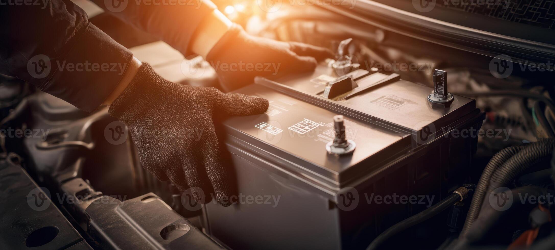 The technician installing a high-performance battery in a vehicle engine. photo