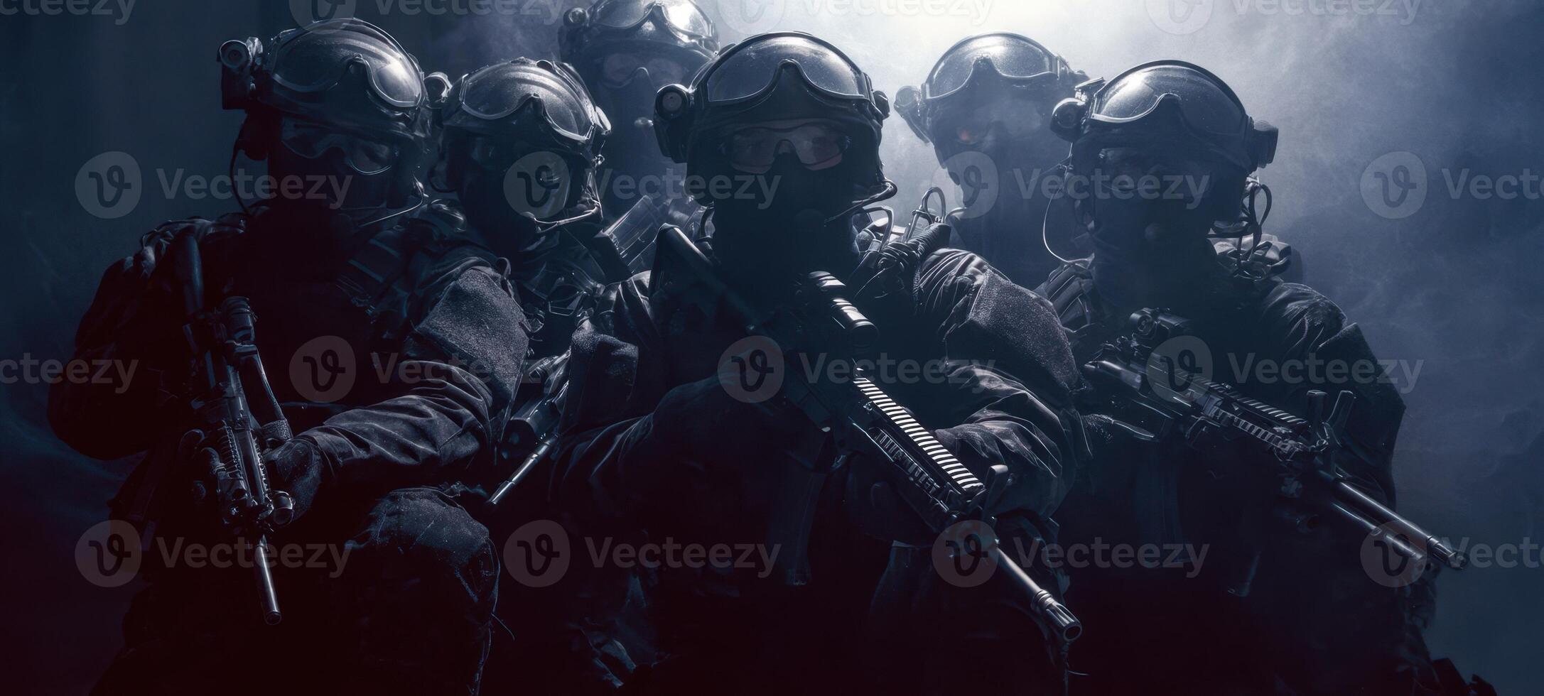 The elite soldiers preparing for a high-stakes tactical mission in shadowy atmosphere. photo