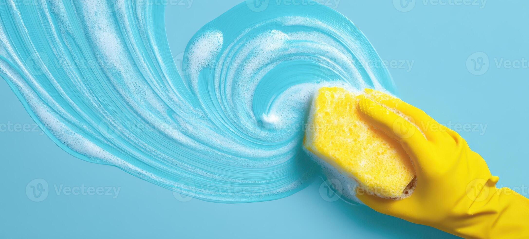 The vibrant sponge creating a soapy swirl on a blue background. photo