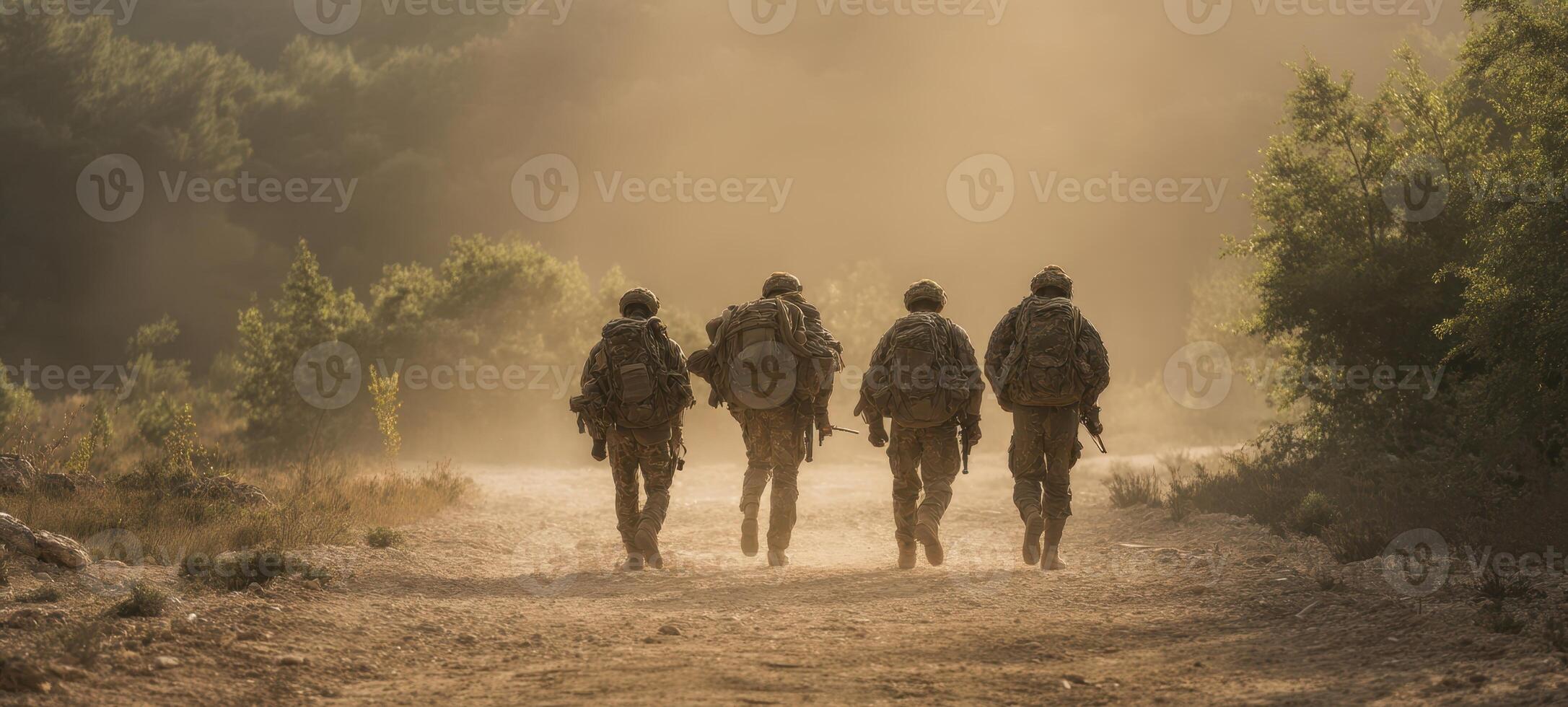 The soldiers walk through a dusty path in a serene natural landscape. photo