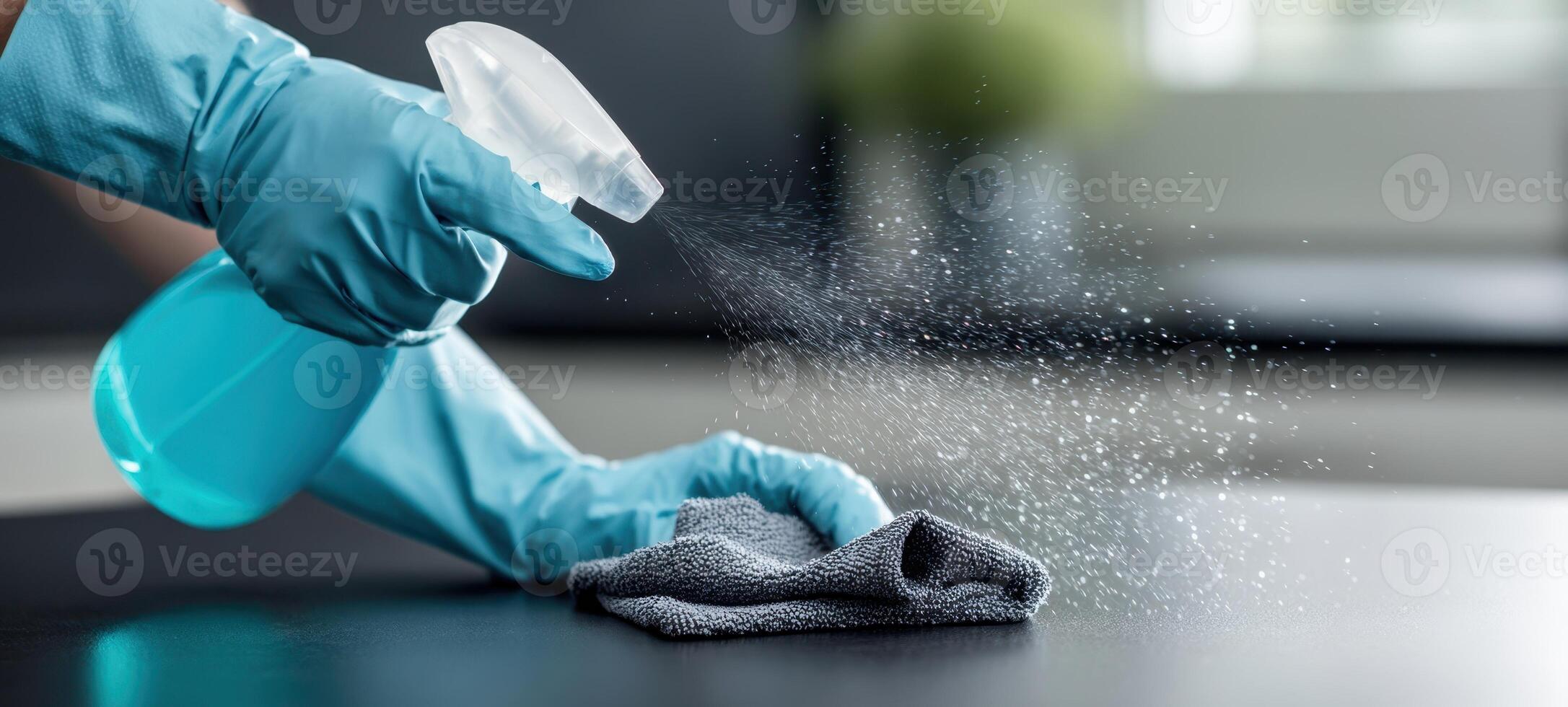 The process of cleaning a surface with a spray and cloth. photo