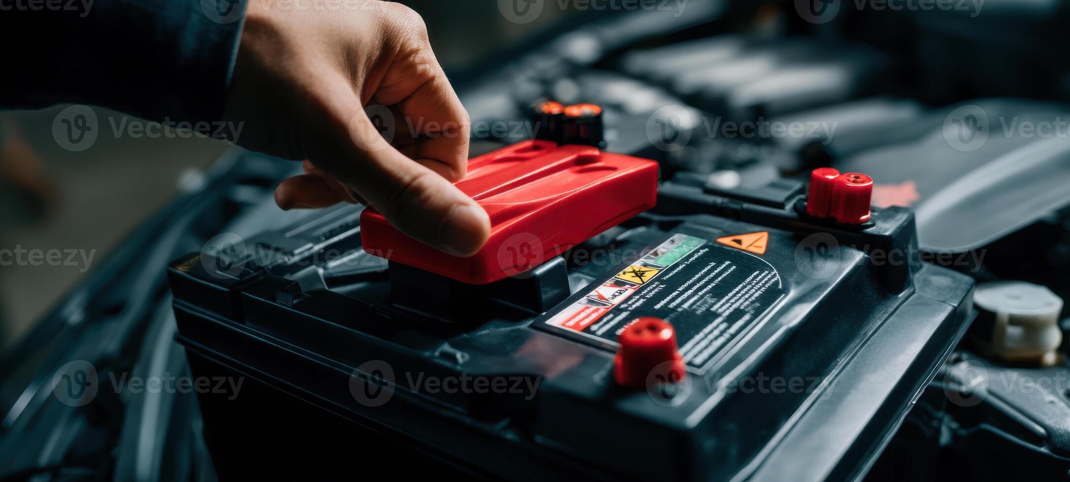 The hand installing a red battery cover in a car engine compartment. photo