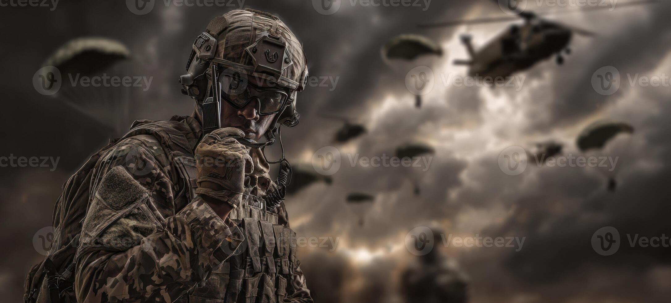 The soldier preparing for a high-stakes airborne operation against a dramatic backdrop. photo