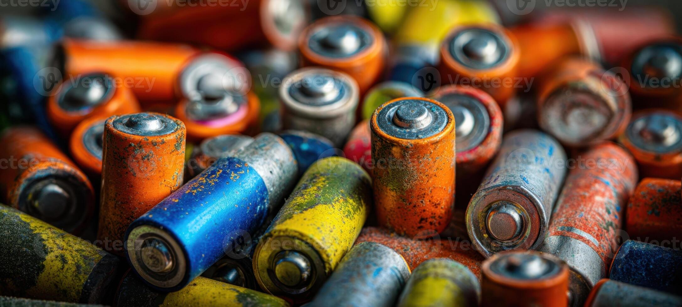 The colorful assortment of used batteries stacked together in disarray. photo