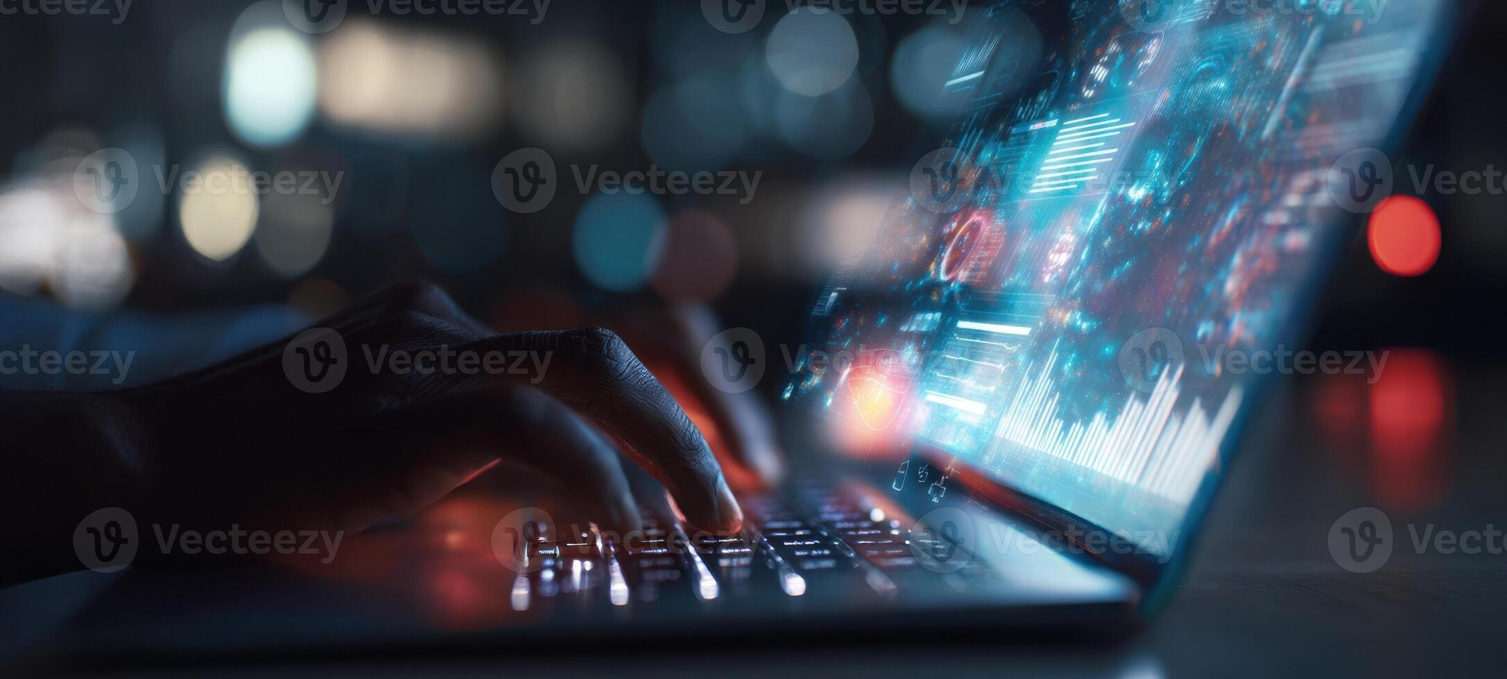 The laptop displaying vibrant digital data under a user's focused touch. photo
