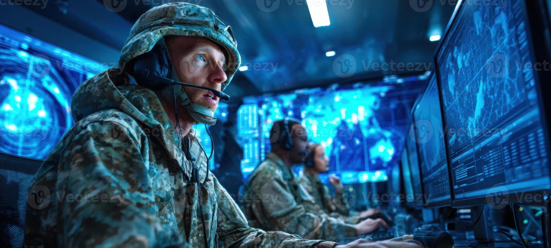 The soldier using technology in a military command center for operations coordination. photo