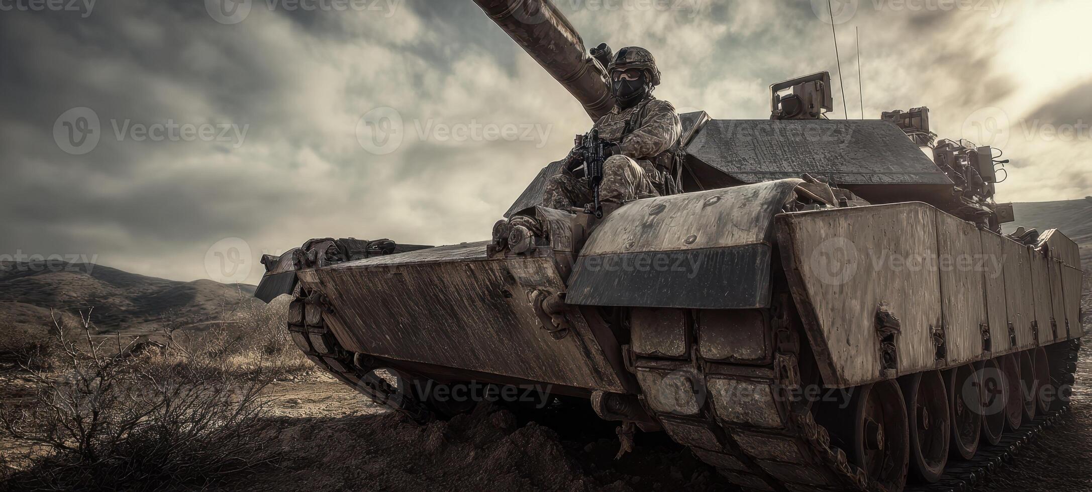 The tank in a dramatic military landscape with a soldier in combat readiness. photo