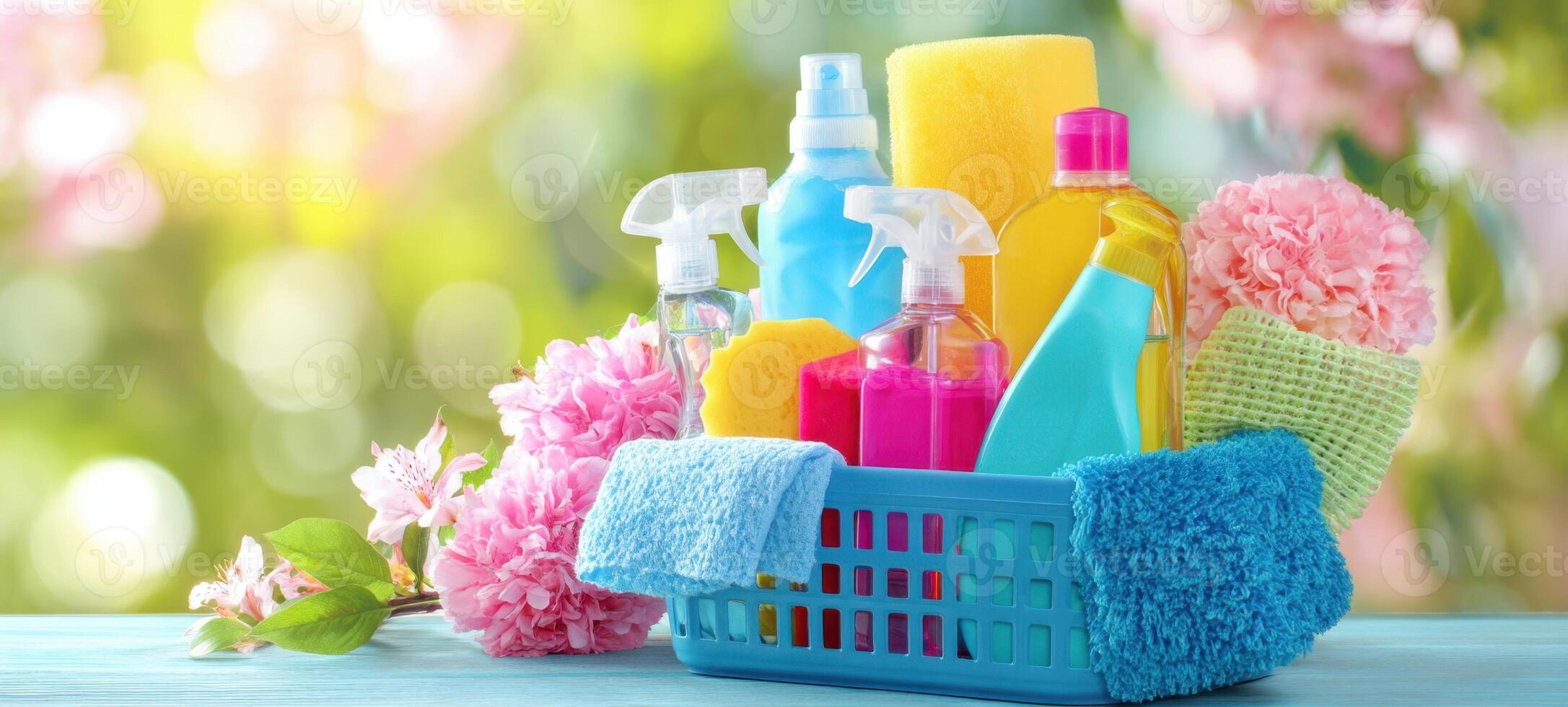 The colorful cleaning supplies arranged in a basket with blooming flowers photo