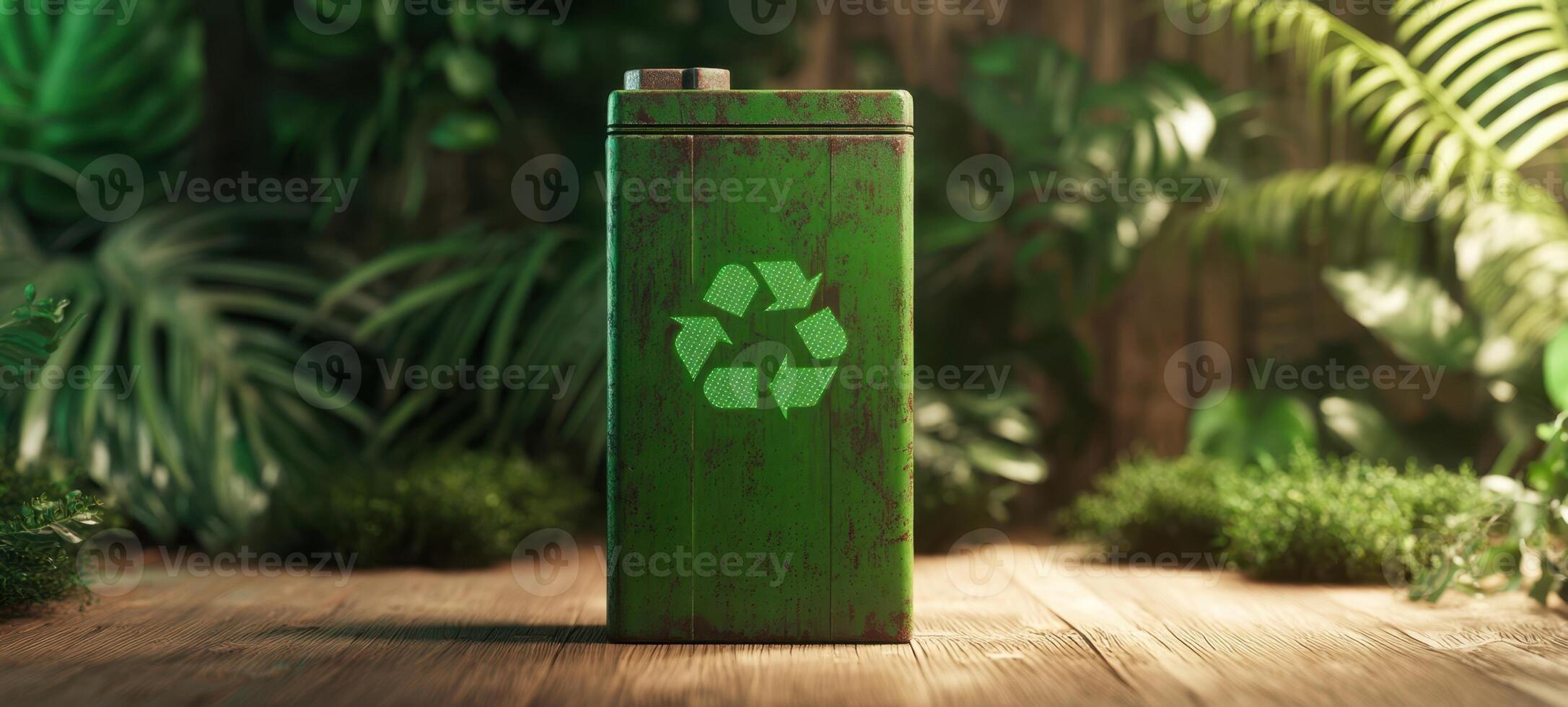 The green battery showcasing recycling symbol in a natural setting. photo