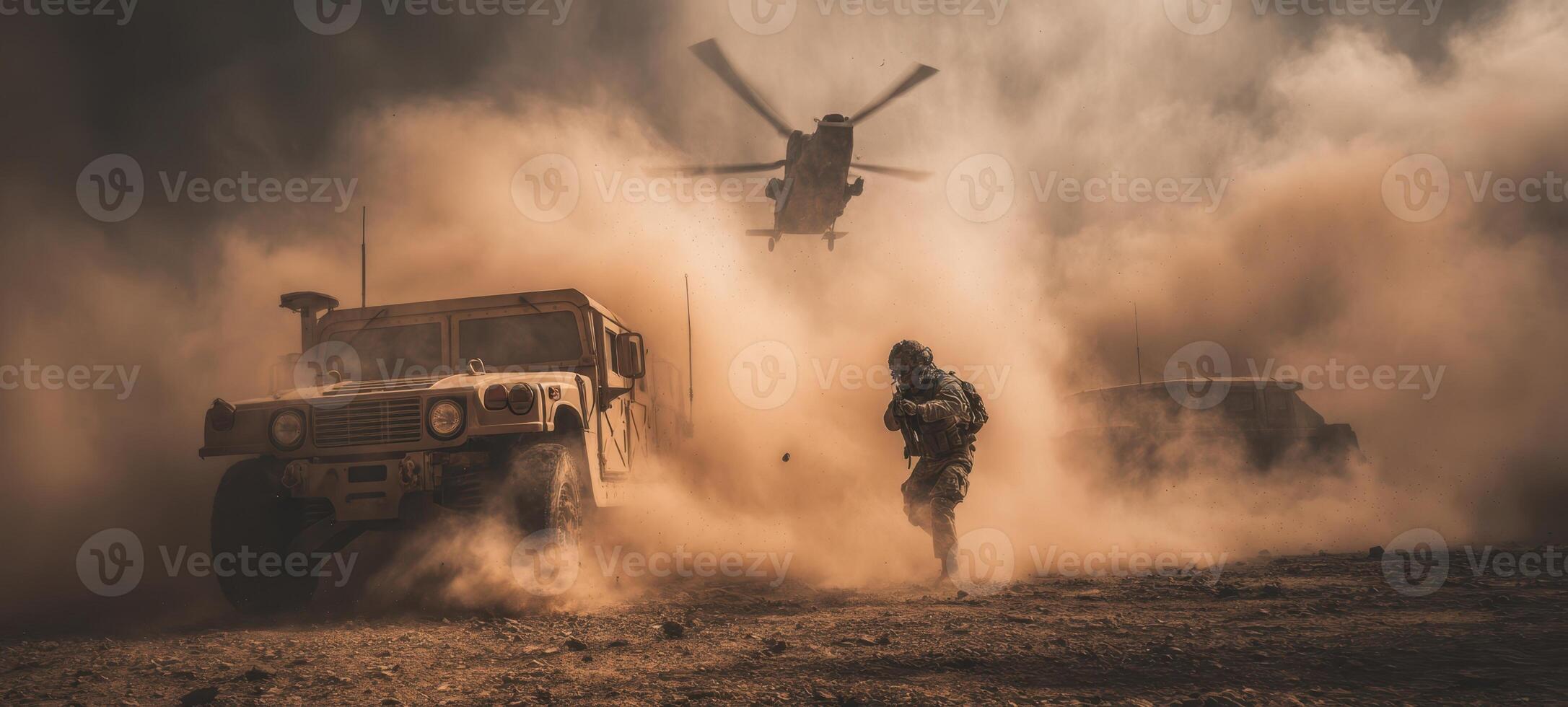 The soldier running through dust during a military operation with a helicopter overhead. photo