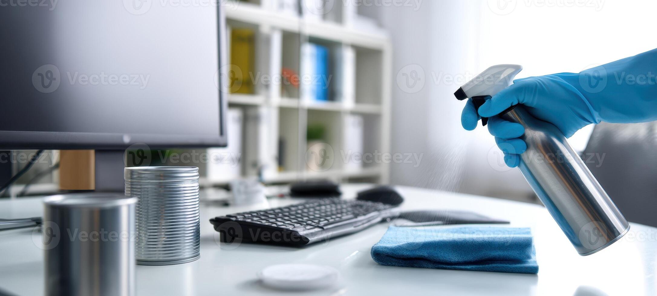 The cleaning process in a modern office workspace with disinfectant spray. photo