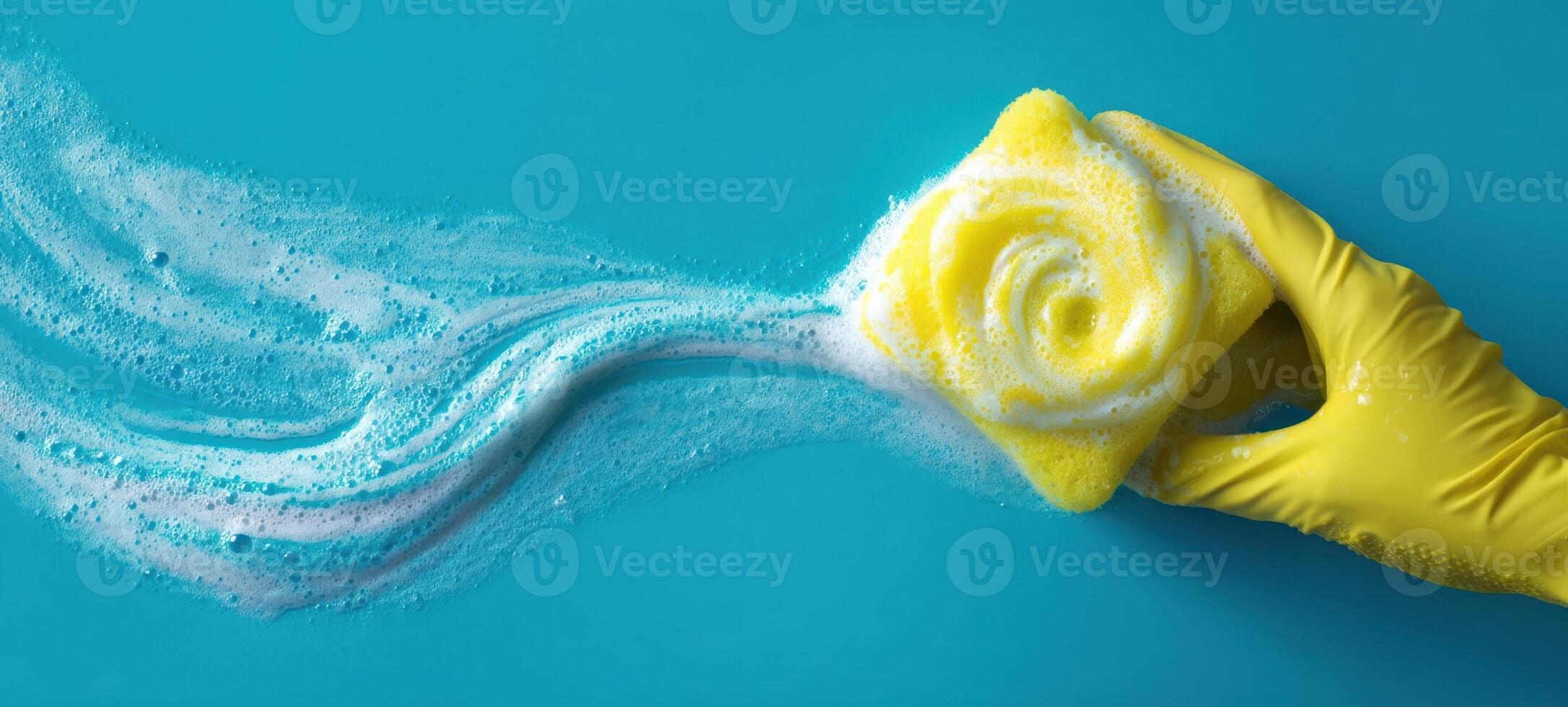 The vibrant yellow sponge creating bubbles on a turquoise background. photo