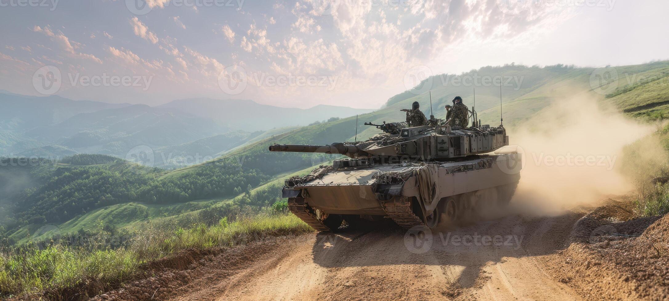 The military tank navigating mountainous terrain with soldiers onboard. photo