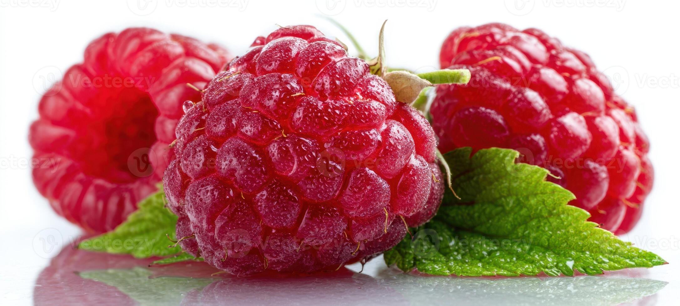 The vibrant raspberries glistening with freshness and surrounded by green leaves. photo