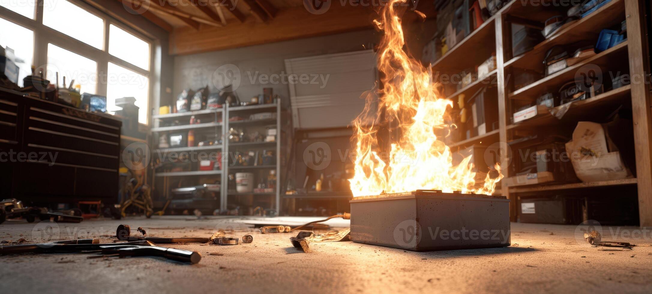 The fire igniting in a cluttered garage workspace full of tools and equipment. photo