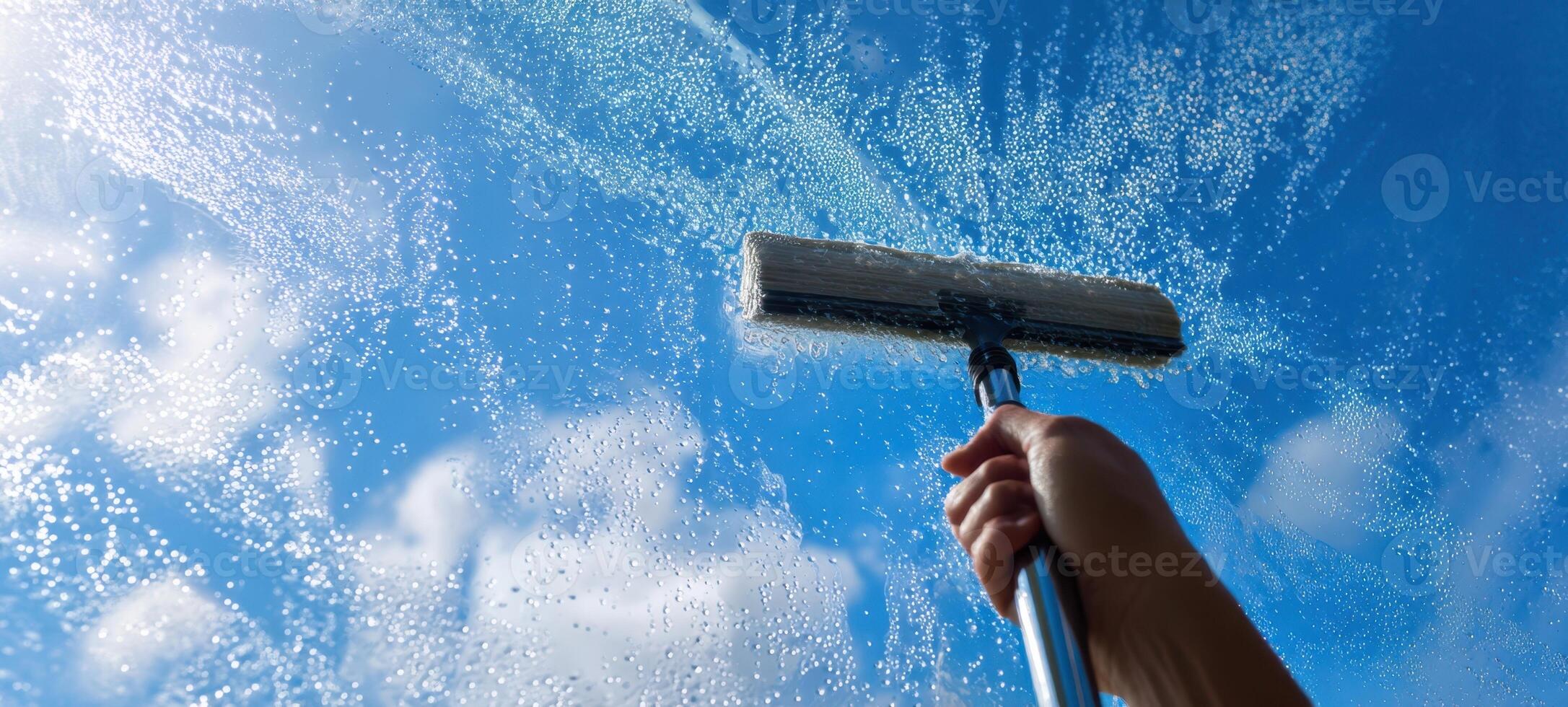 The hand using a squeegee to clean a window against a bright sky photo