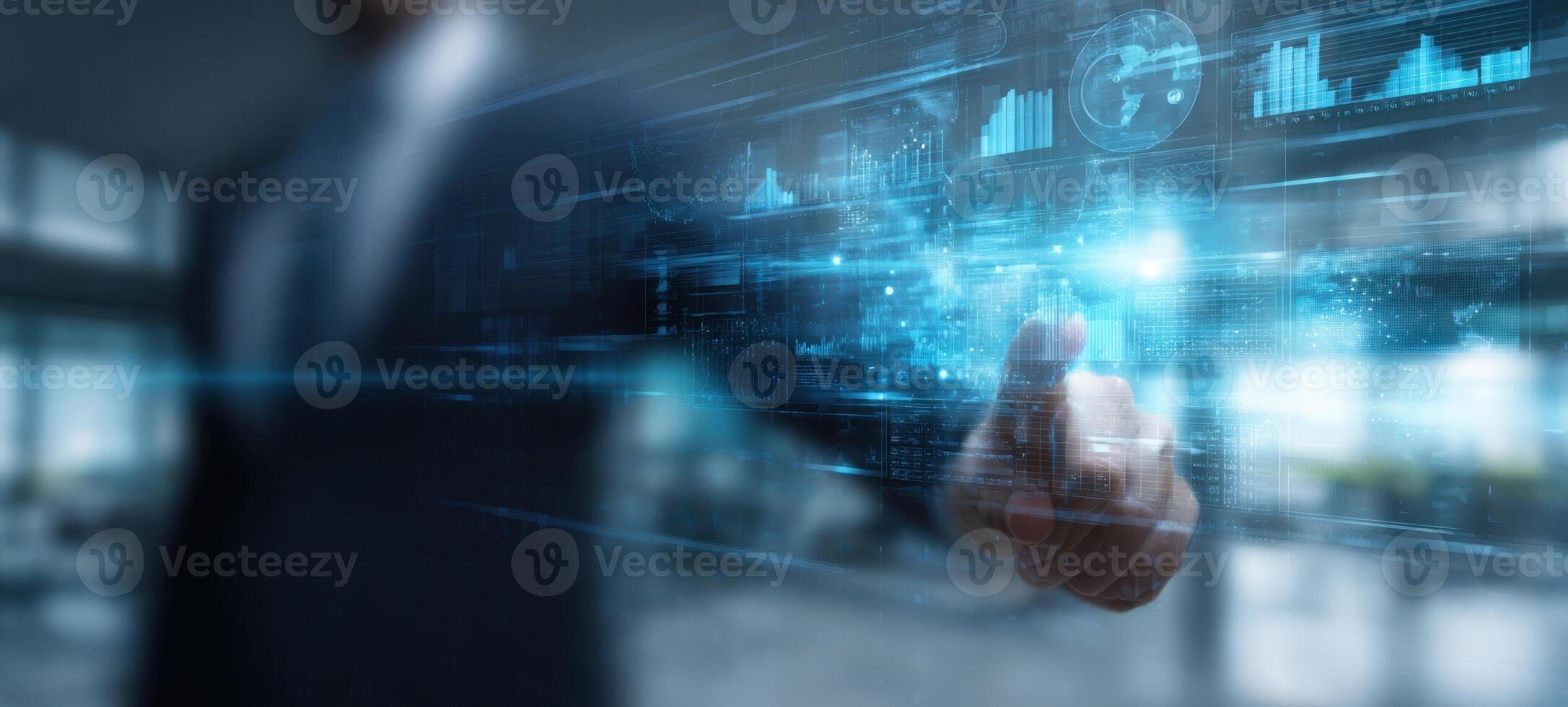 The businessman interacting with a digital data display in a modern office setting. photo