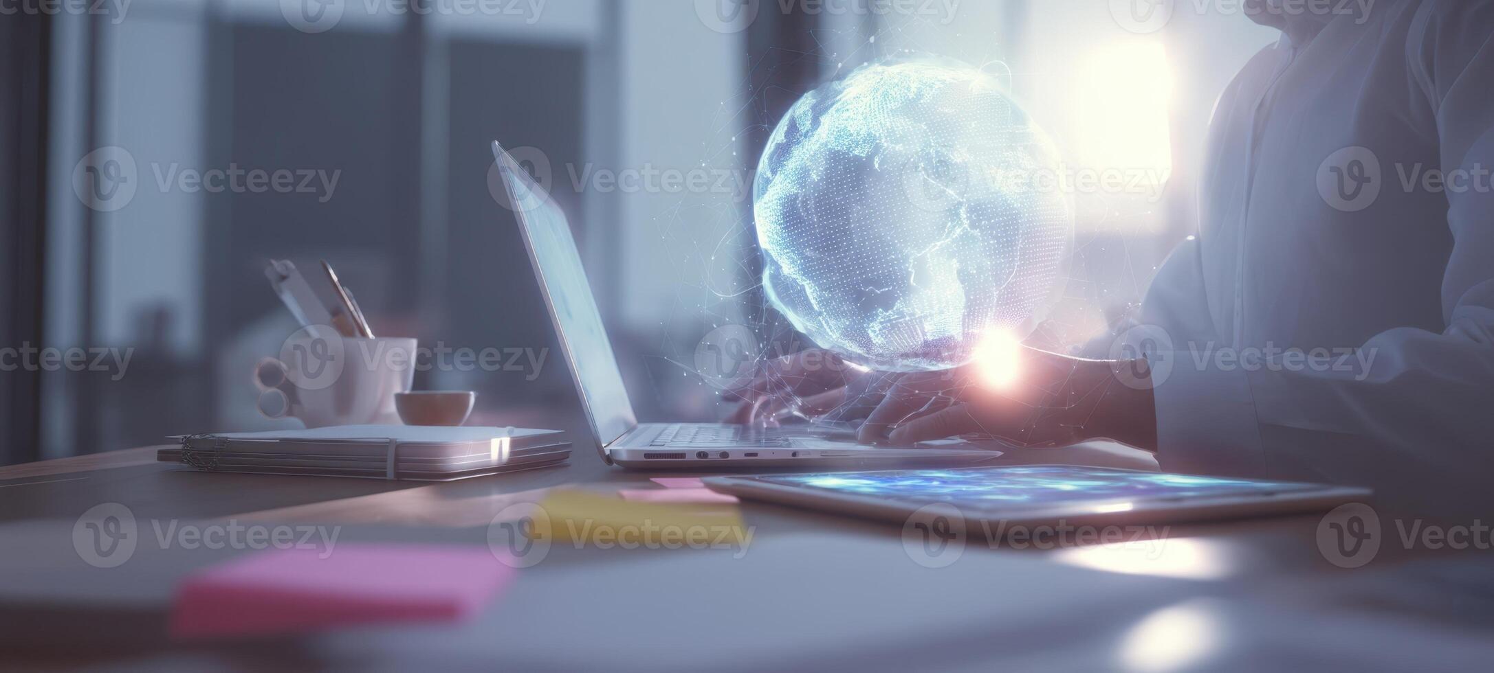 The digital world emerging from a laptop in an inspiring workspace. photo