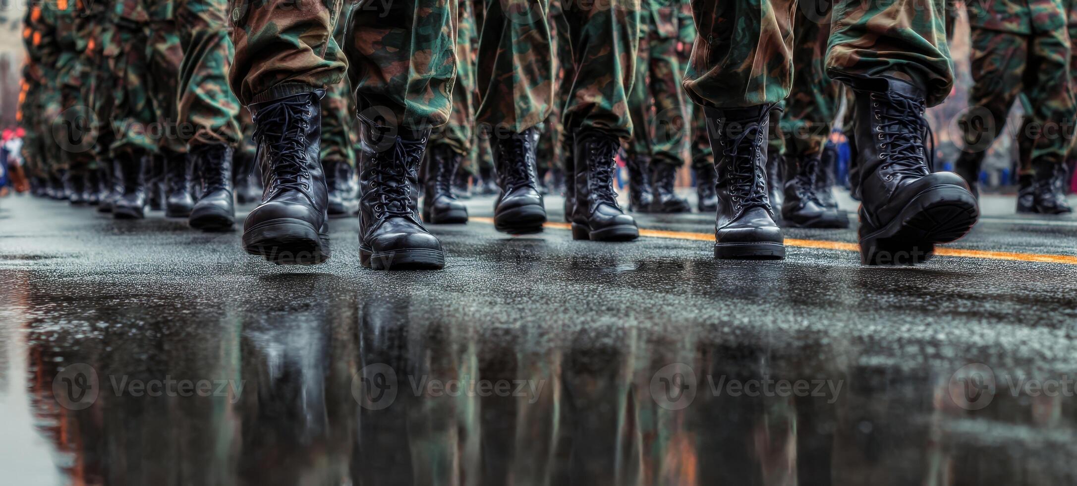 The soldiers in uniform marching proudly on a rain-soaked street. photo
