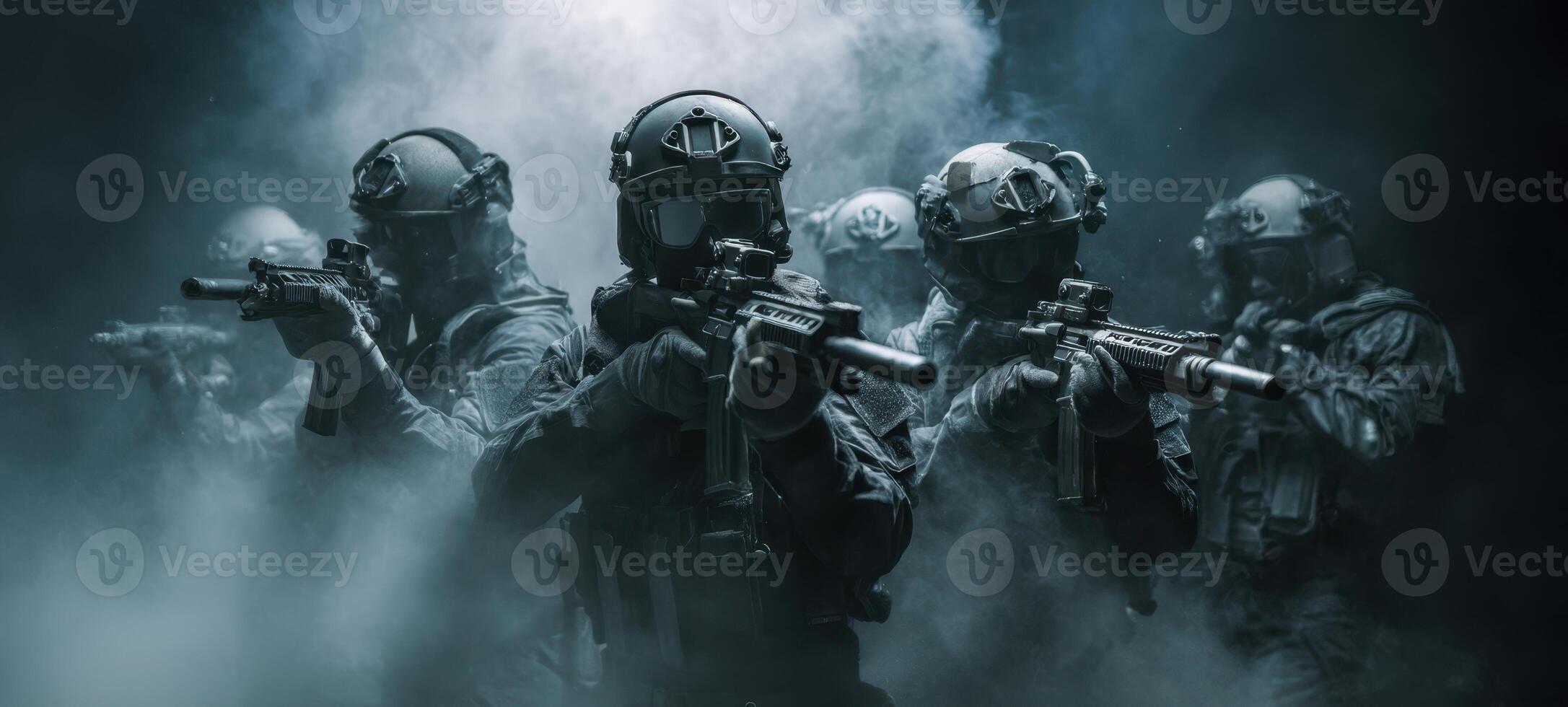 The elite soldiers positioned in tactical formation amidst dramatic smoke effects. photo