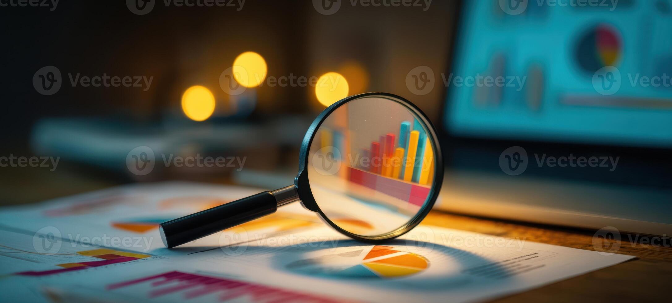 The magnifying glass enhancing analysis of colorful business charts and graphs. photo