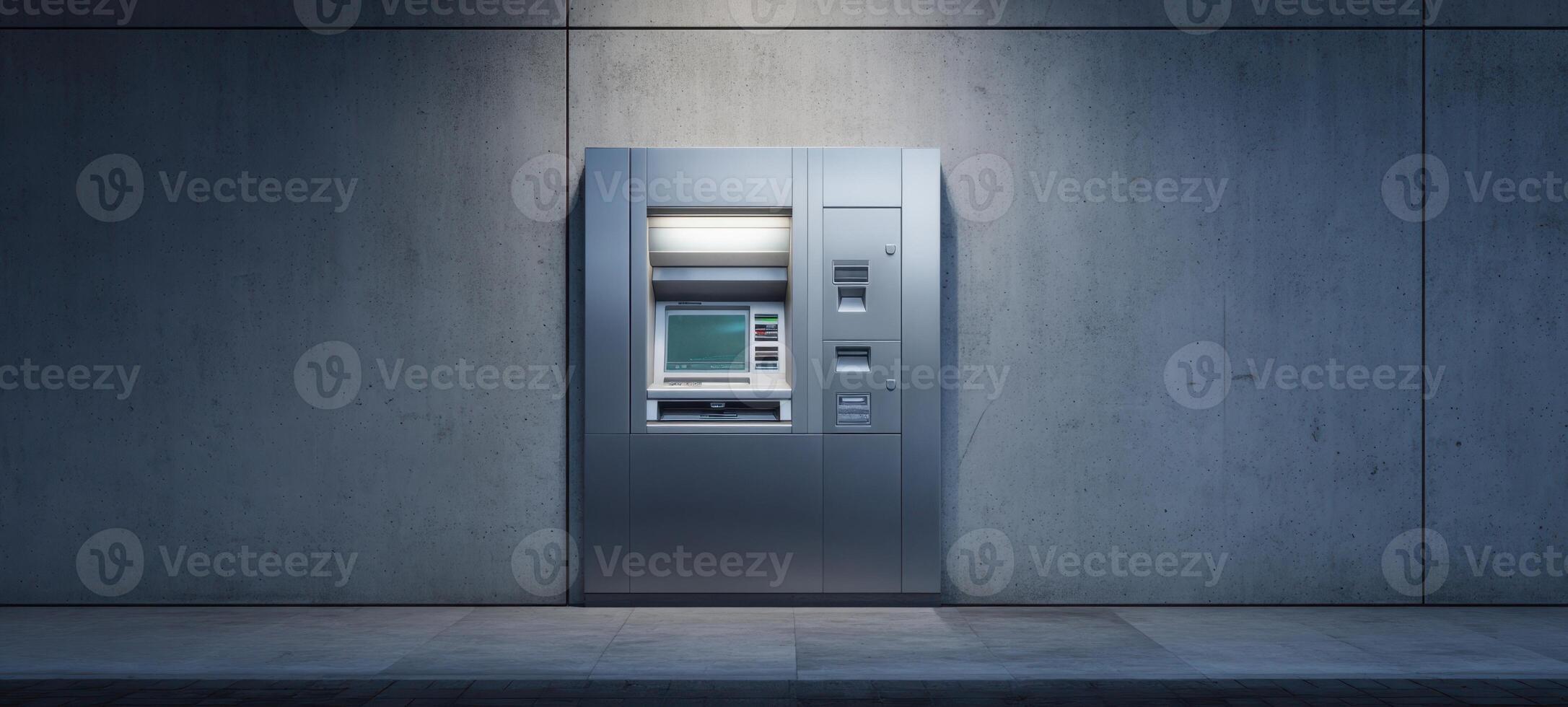 The modern ATM machine against a minimalist concrete wall in urban setting photo