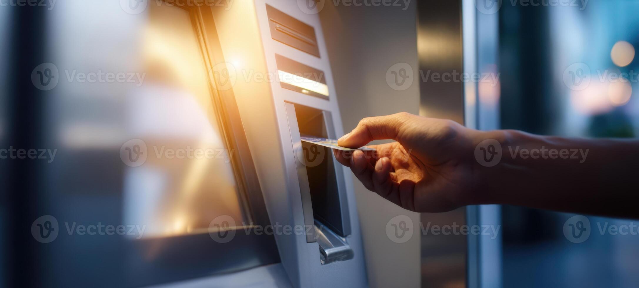 The hand inserting a card into an illuminated ATM at night. photo
