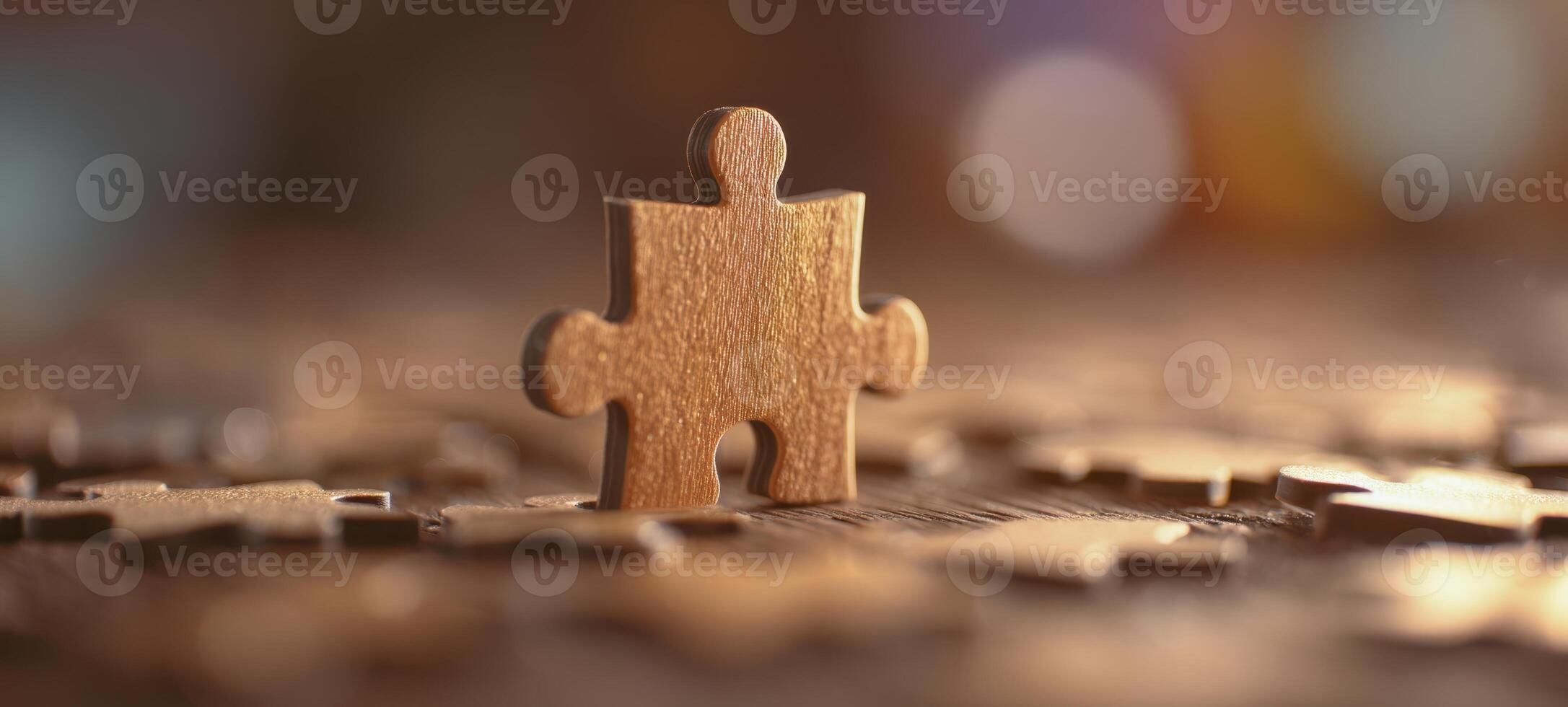 The wooden puzzle piece standing out among scattered pieces on a table photo