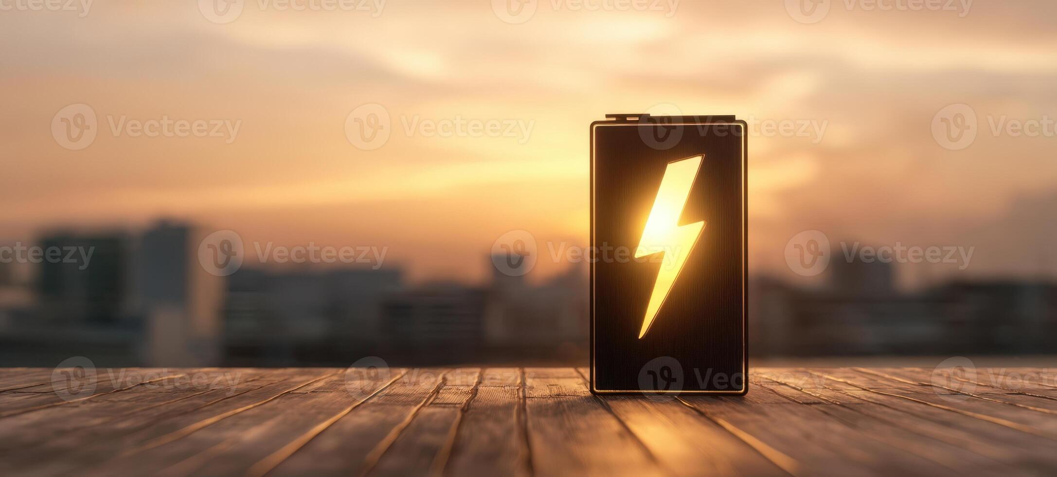 The illuminated battery symbolizing energy and innovation during a vibrant sunset. photo