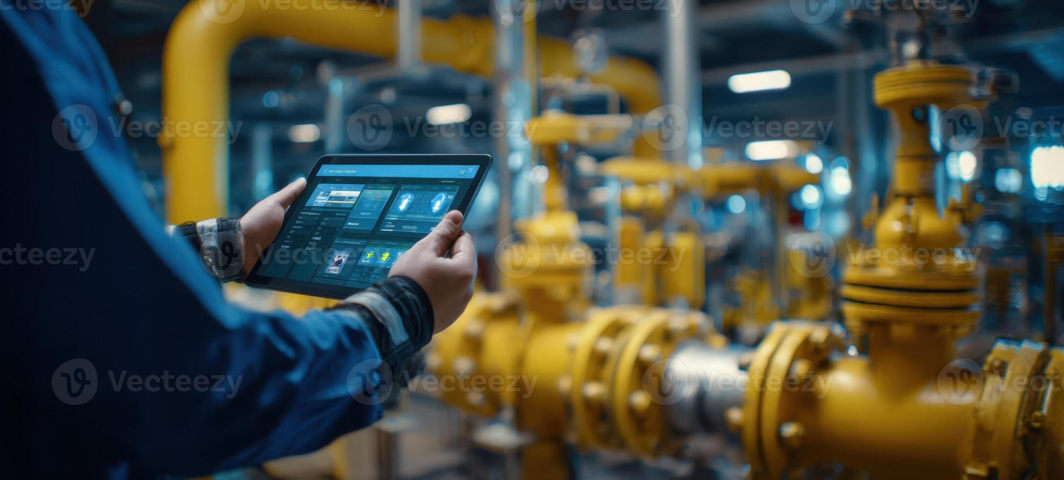The technician using a tablet to monitor industrial pipeline operations. photo