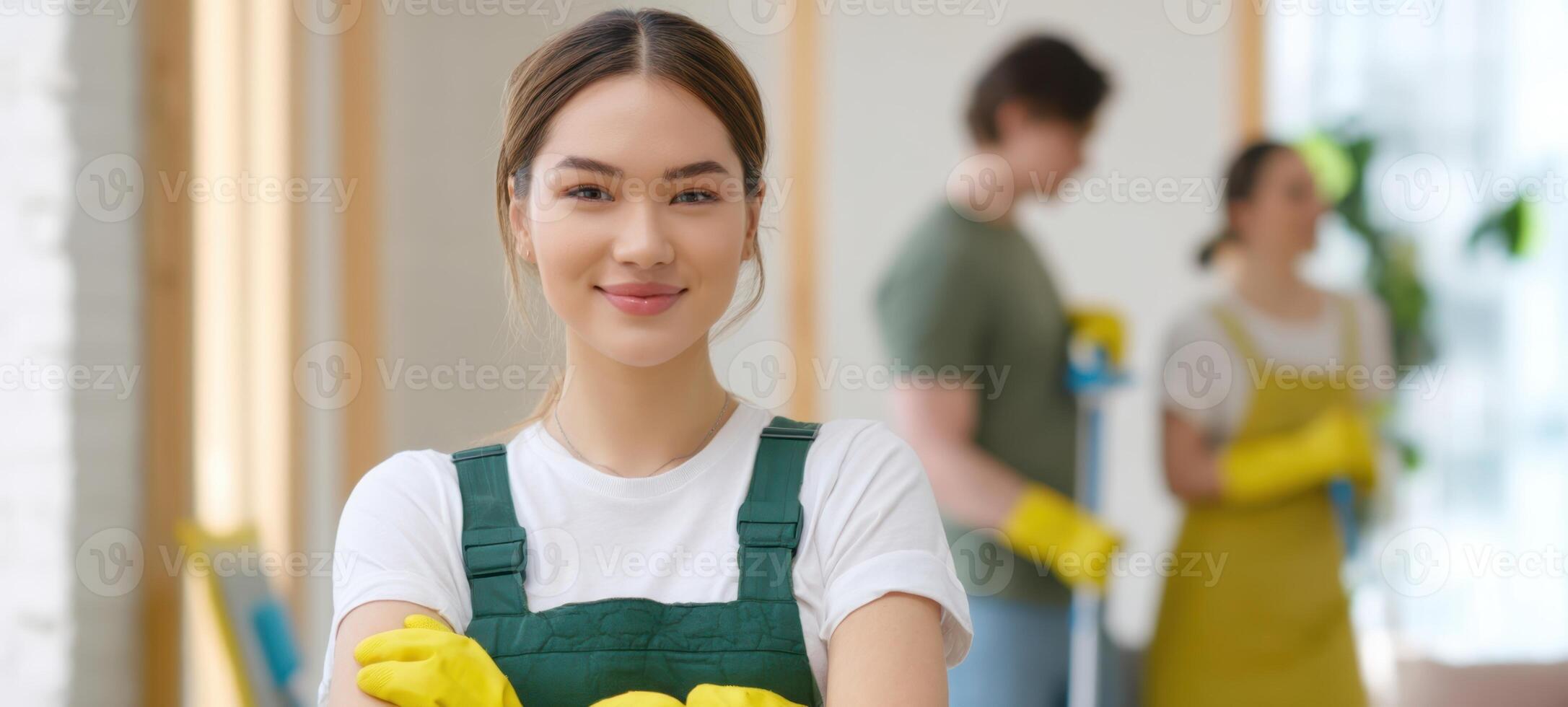 The young woman smiling while cleaning with friends in a bright interior. photo